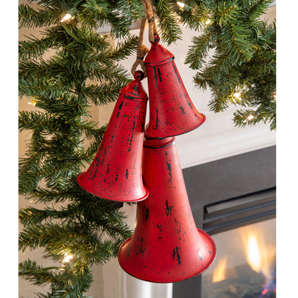 Set of Three Red Metal Holiday Bells | Christmas Bells | Giant Holiday Jingle Bells | Large Decorative Christmas Bells | Farmhouse Christmas