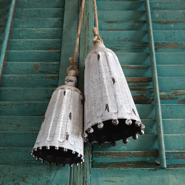 Set of Two Metal Holiday Bells | Christmas Bells | Whitewashed Holiday Jingle Bells | Decorative Christmas Bells | Farmhouse Christmas Decor