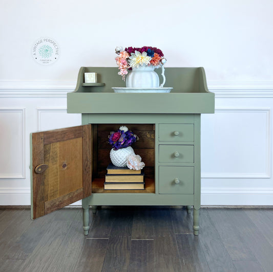 Sage Green Vintage Washstand | Green Painted Vintage Dry Sink | Farmhouse Cabinet with Storage | Antique Cabinet | Vintage Cabinet