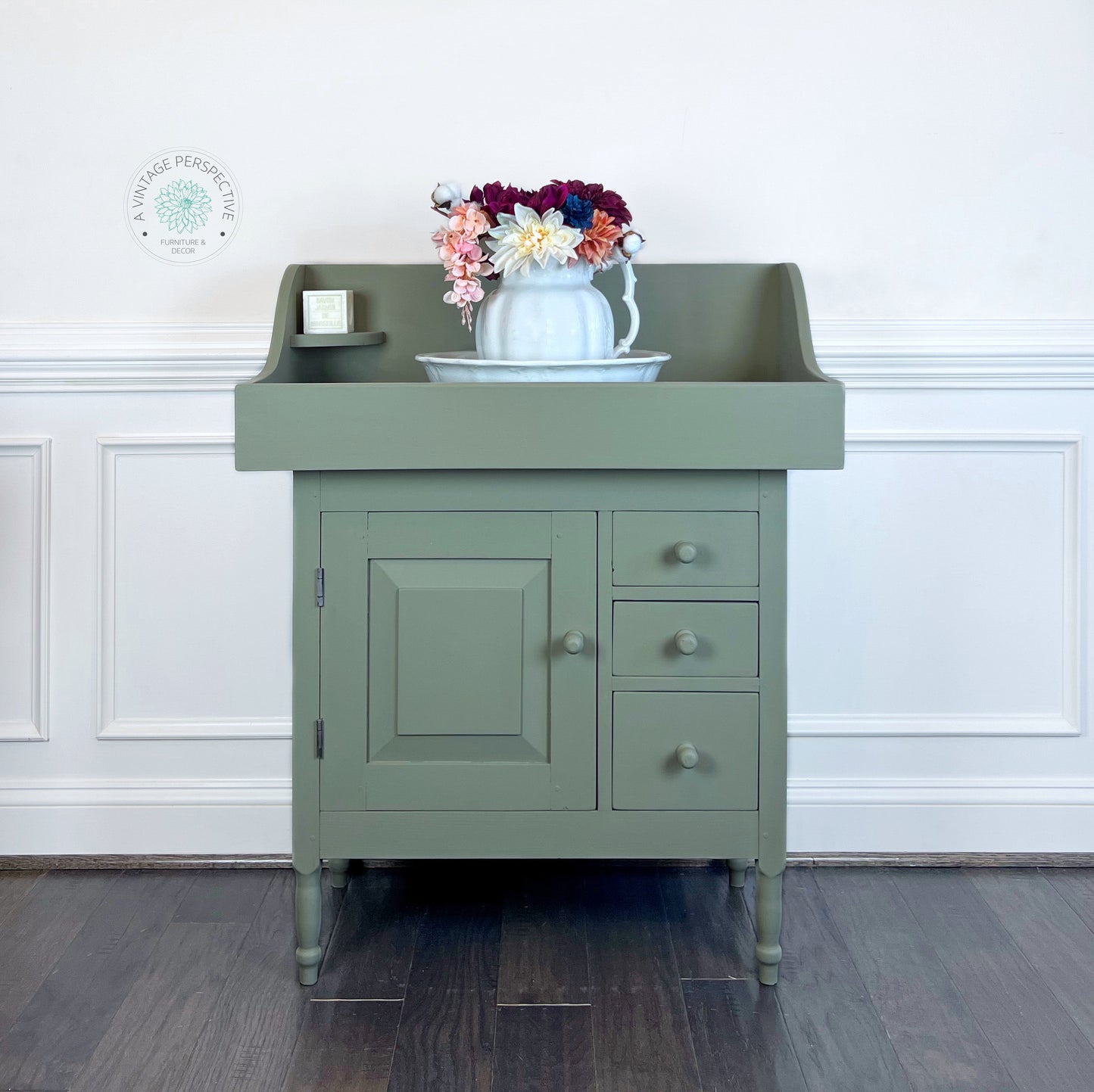 Sage Green Vintage Washstand | Green Painted Vintage Dry Sink | Farmhouse Cabinet with Storage | Antique Cabinet | Vintage Cabinet
