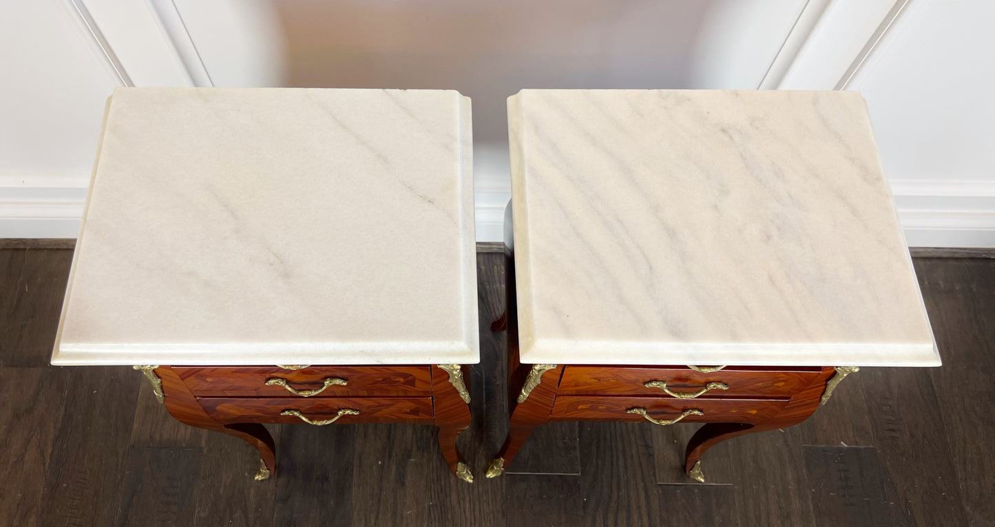 French Louis XV Style Tables | Bombe Chest Tables | Antique Bedside Tables | French Nightstands | French Antique Marquetry Side Table