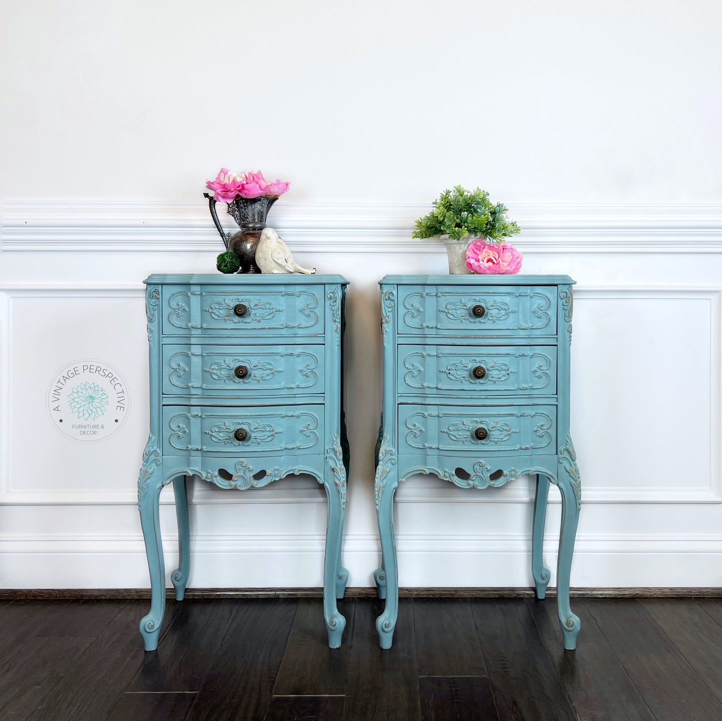 Antique French Provincial Nightstands | Shabby Chic Nightstands | French Country End Tables | French Antique Carved Nightstand Tables
