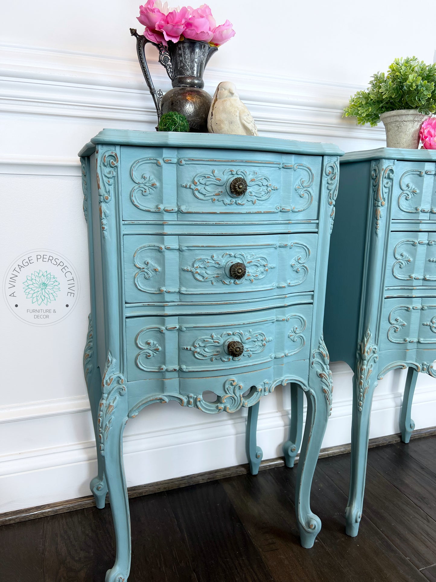 Antique French Provincial Nightstands | Shabby Chic Nightstands | French Country End Tables | French Antique Carved Nightstand Tables