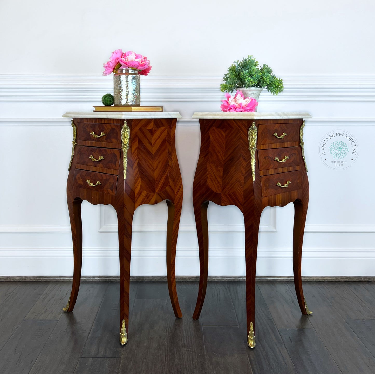 French Louis XV Style Tables | Bombe Chest Tables | Antique Bedside Tables | French Nightstands | French Antique Marquetry Side Table