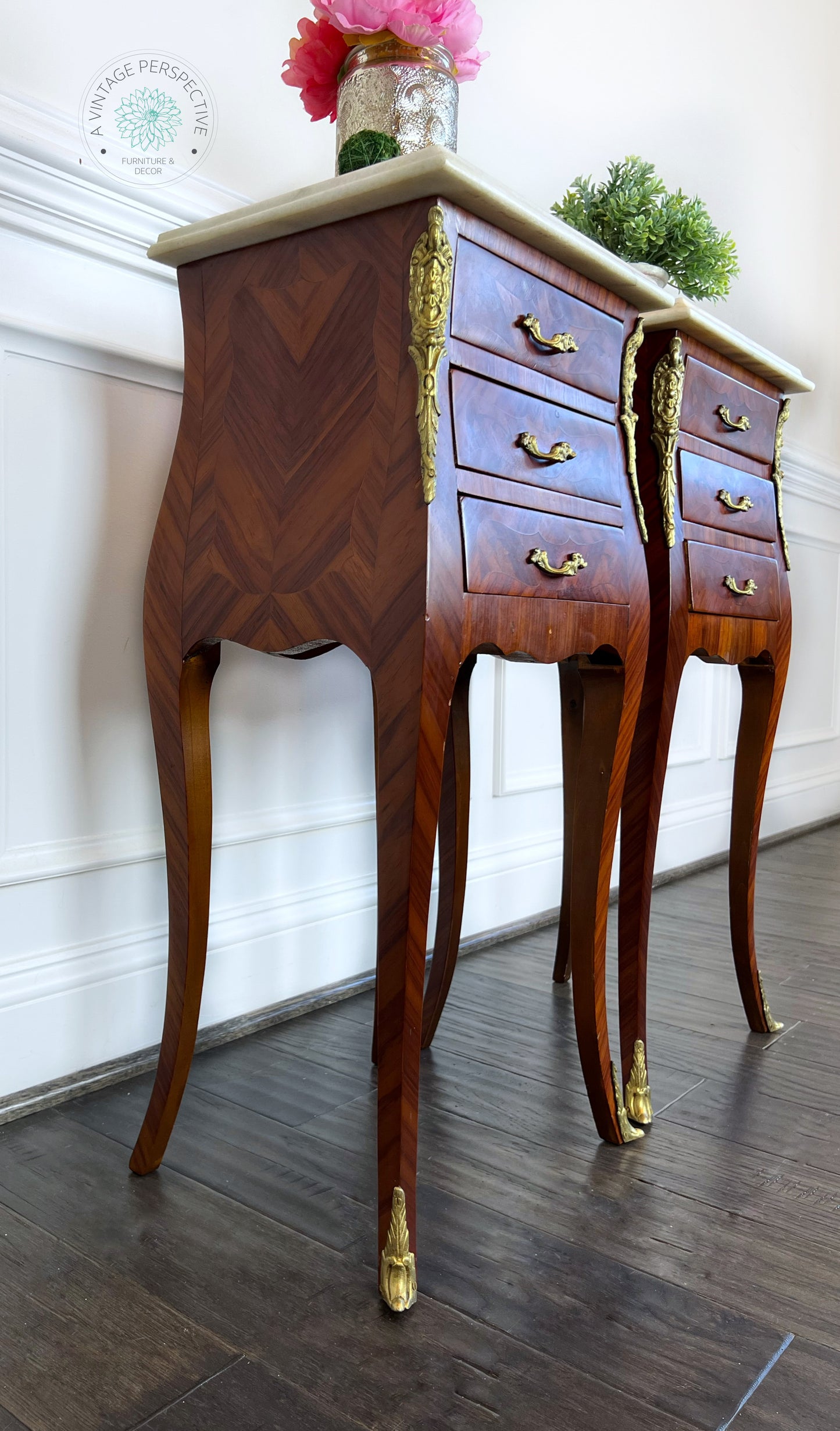 French Louis XV Style Tables | Bombe Chest Tables | Antique Bedside Tables | French Nightstands | French Antique Marquetry Side Table