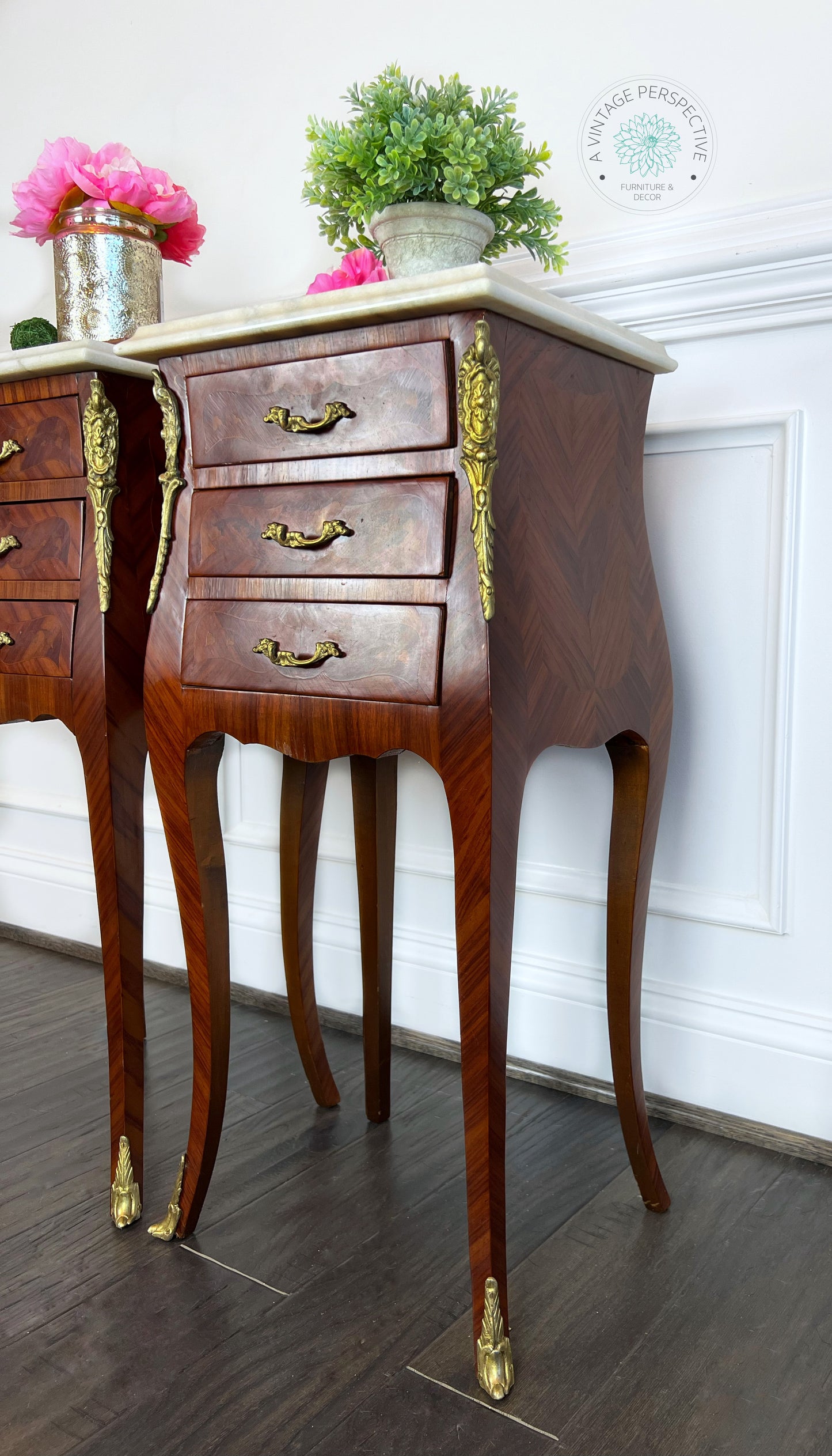 French Louis XV Style Tables | Bombe Chest Tables | Antique Bedside Tables | French Nightstands | French Antique Marquetry Side Table