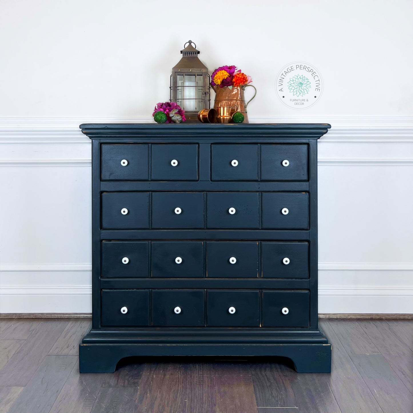 Deep Blue Antique Dresser | Chest of Drawers | Apothecary Style Dresser | Vintage Farmhouse Furniture | Rustic Dresser