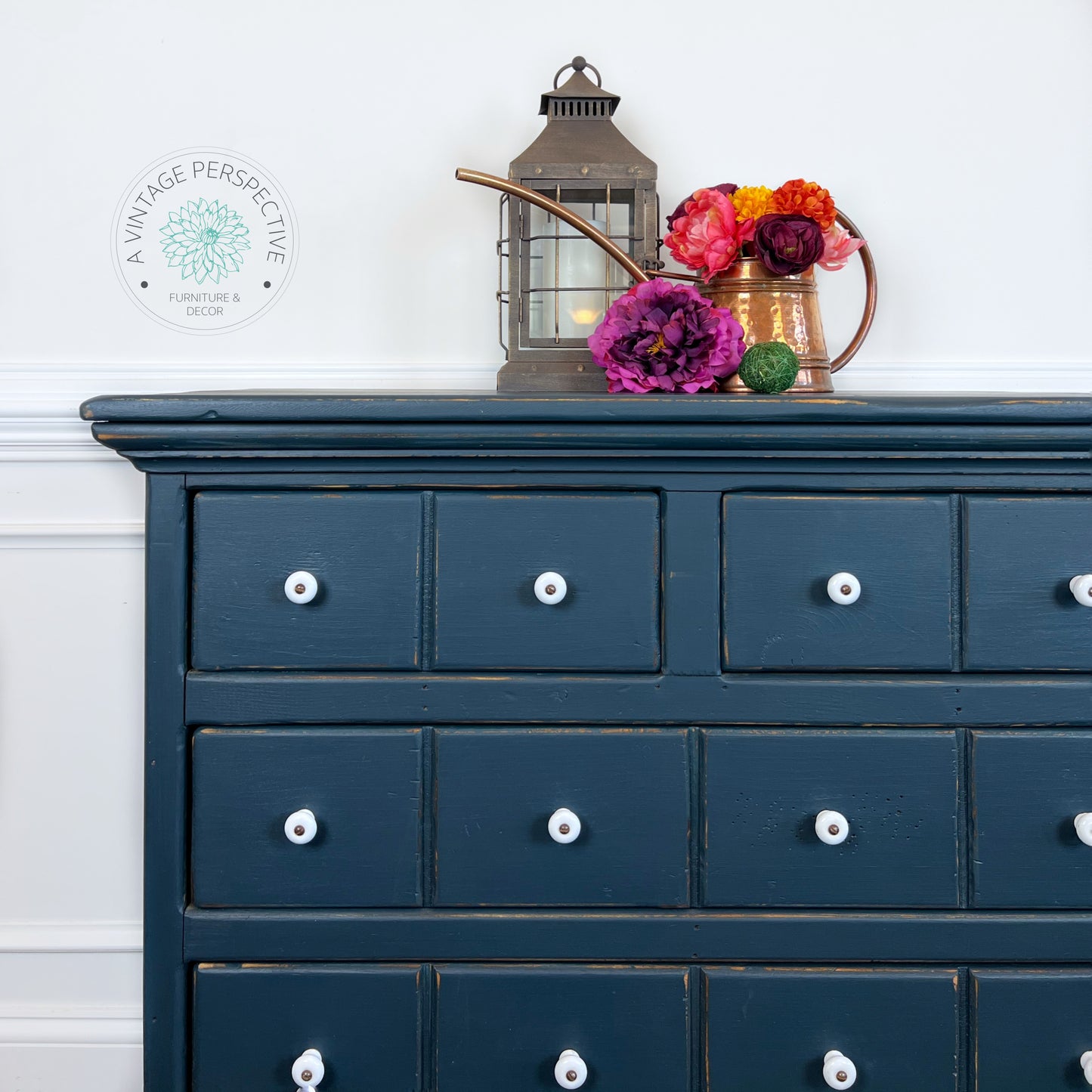 Deep Blue Antique Dresser | Chest of Drawers | Apothecary Style Dresser | Vintage Farmhouse Furniture | Rustic Dresser