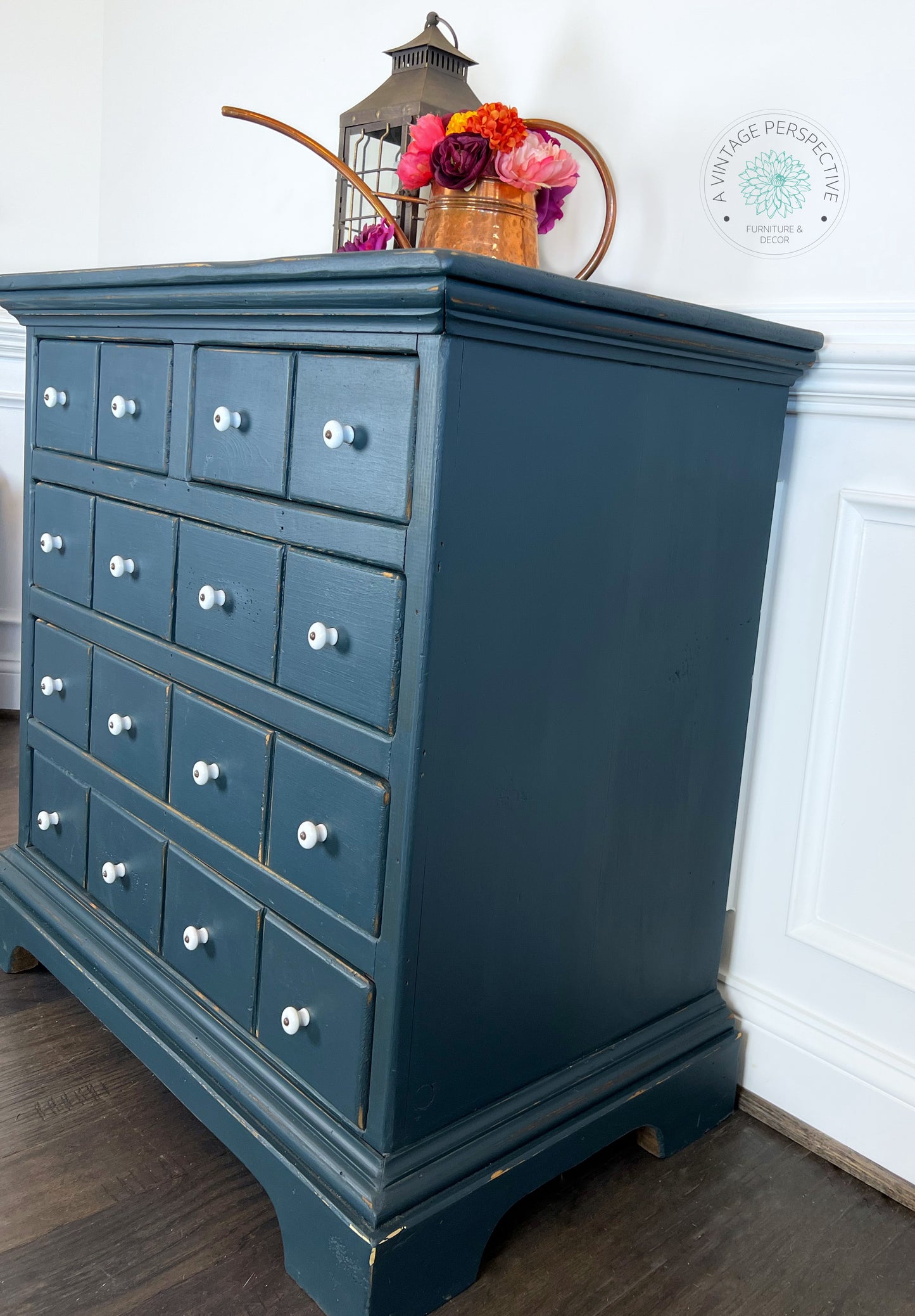 Deep Blue Antique Dresser | Chest of Drawers | Apothecary Style Dresser | Vintage Farmhouse Furniture | Rustic Dresser