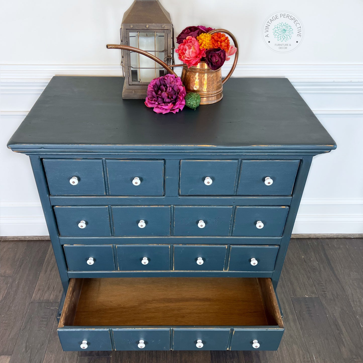 Deep Blue Antique Dresser | Chest of Drawers | Apothecary Style Dresser | Vintage Farmhouse Furniture | Rustic Dresser