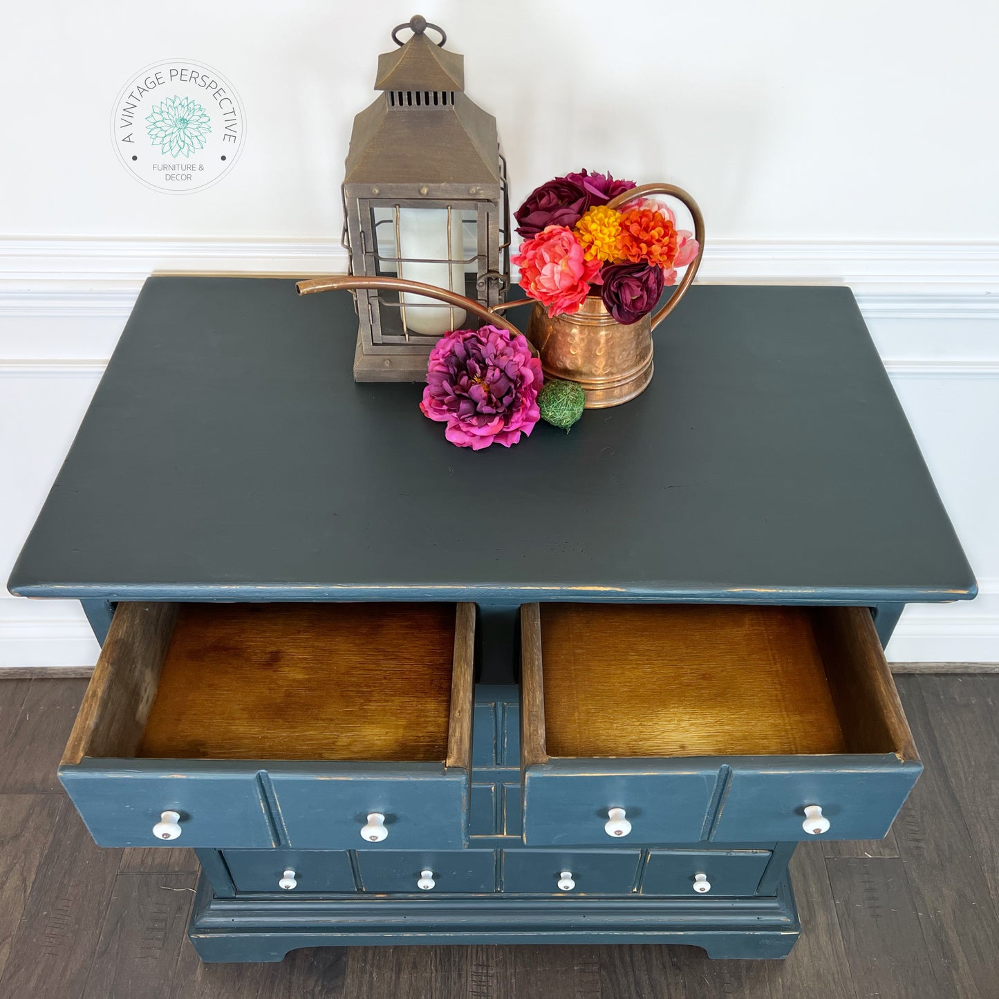 Deep Blue Antique Dresser | Chest of Drawers | Apothecary Style Dresser | Vintage Farmhouse Furniture | Rustic Dresser
