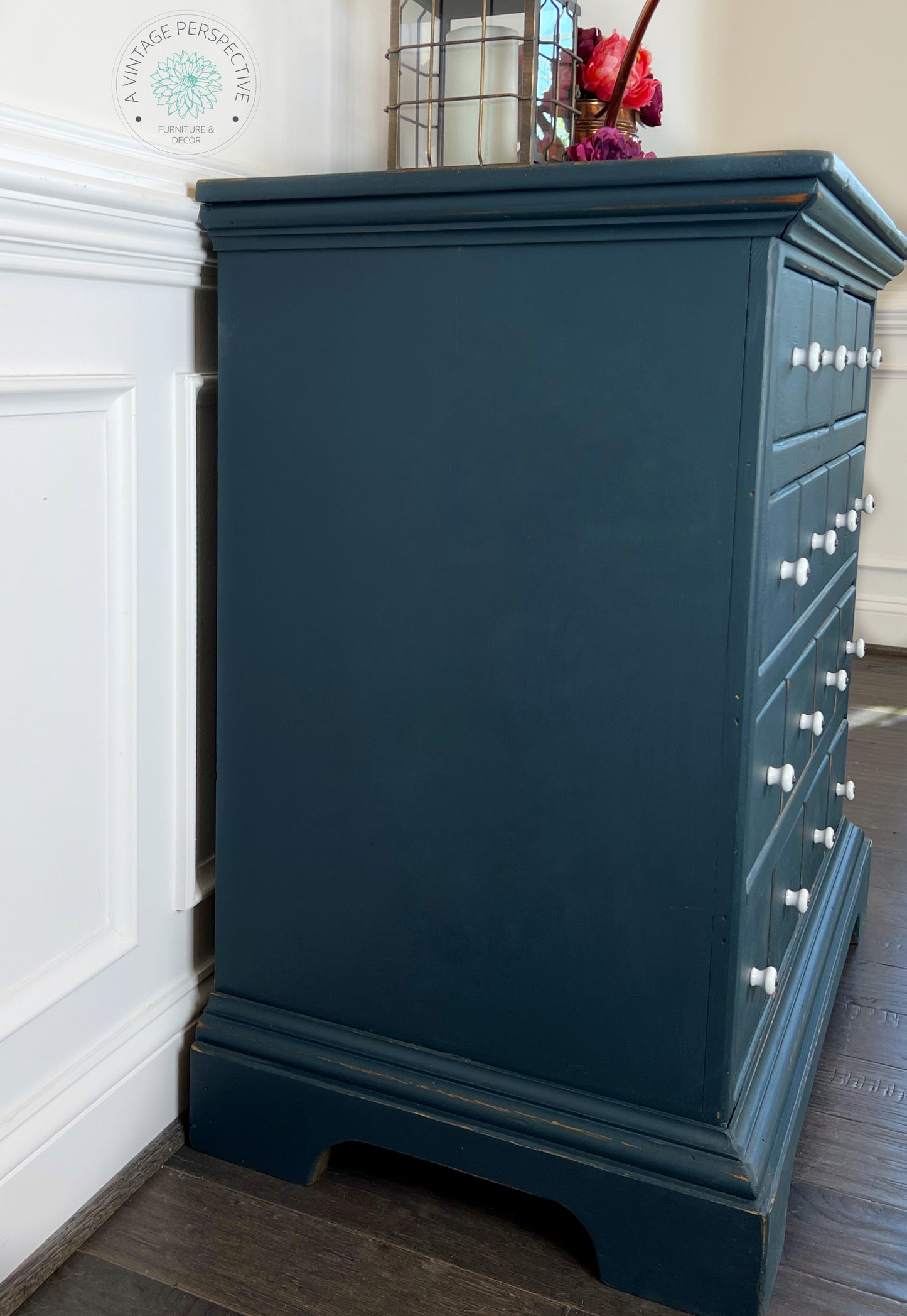 Deep Blue Antique Dresser | Chest of Drawers | Apothecary Style Dresser | Vintage Farmhouse Furniture | Rustic Dresser