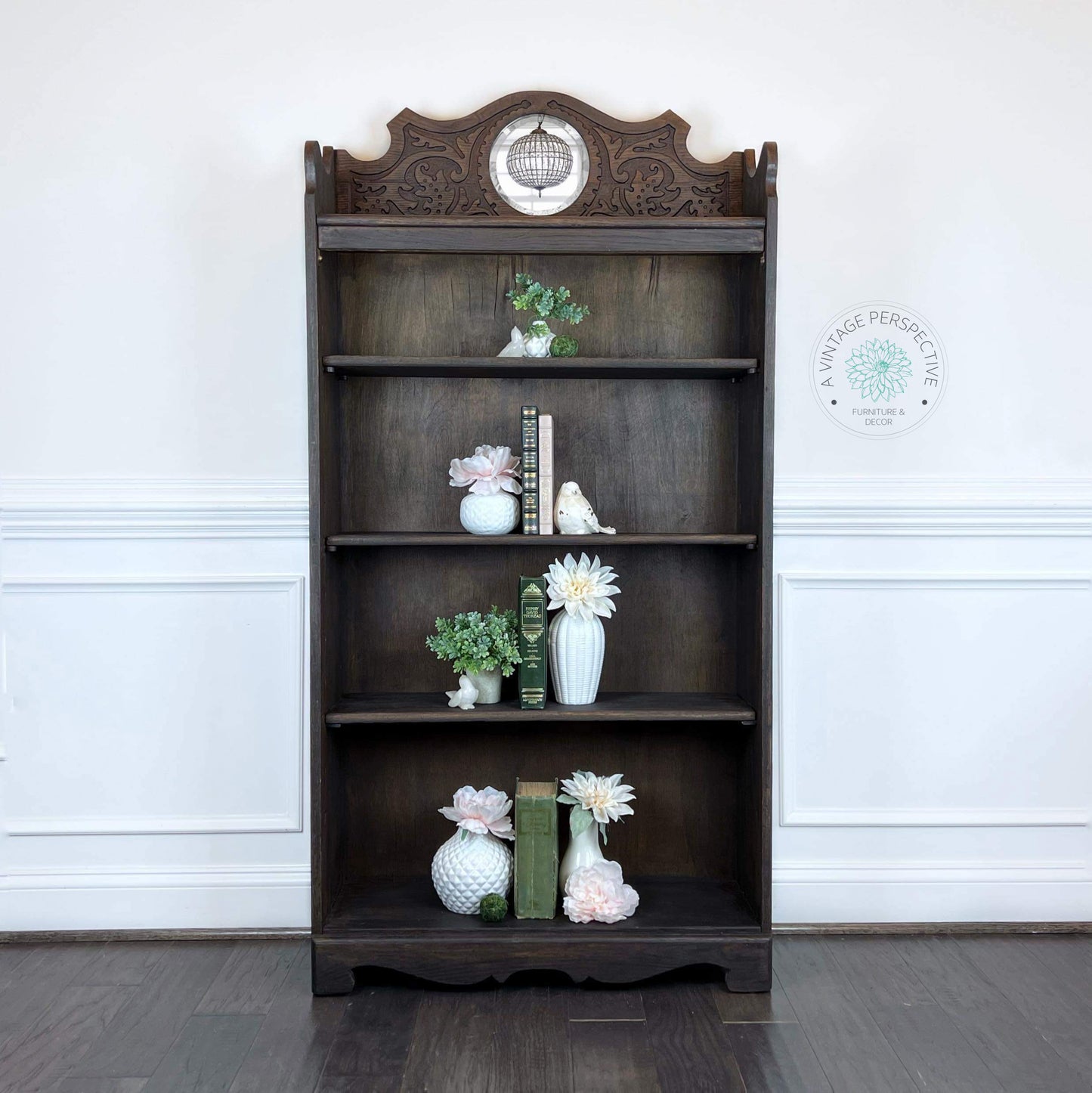 Petite Vintage Art Nouveau Bookcase | Black Washed Quartersawn Oak | Reproduction Art Nouveau | Refinished Antique-Inspired Bookcase