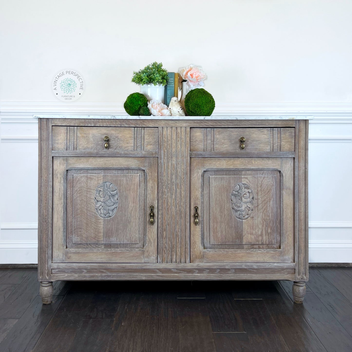 Antique English Quartersawn Oak Marble Top Buffet | Antique White Waxed Buffet | Antique Sideboard | Vintage Credenza | Dining Room Server