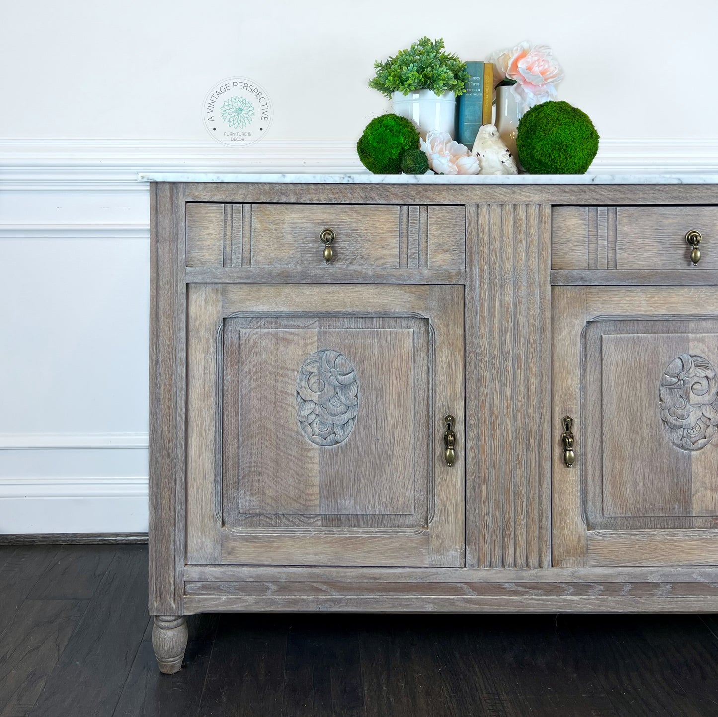 Antique English Quartersawn Oak Marble Top Buffet | Antique White Waxed Buffet | Antique Sideboard | Vintage Credenza | Dining Room Server