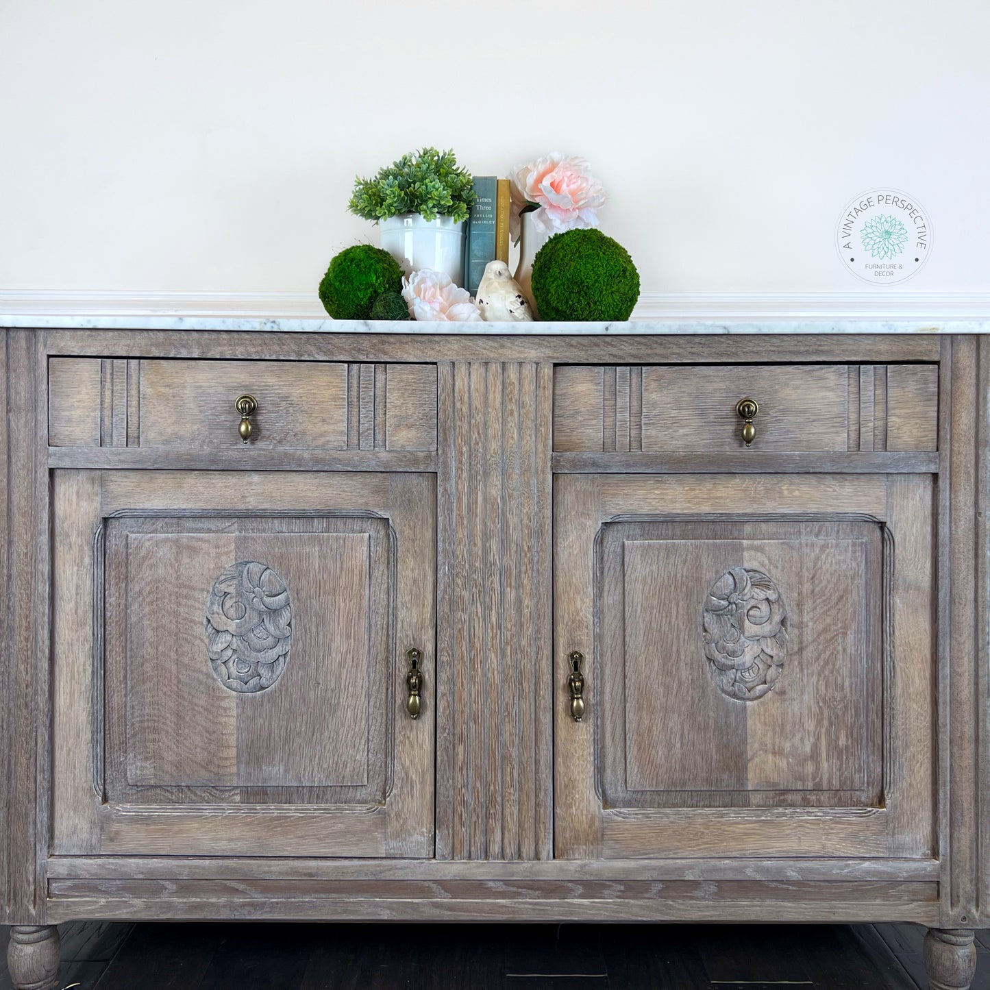 Antique English Quartersawn Oak Marble Top Buffet | Antique White Waxed Buffet | Antique Sideboard | Vintage Credenza | Dining Room Server