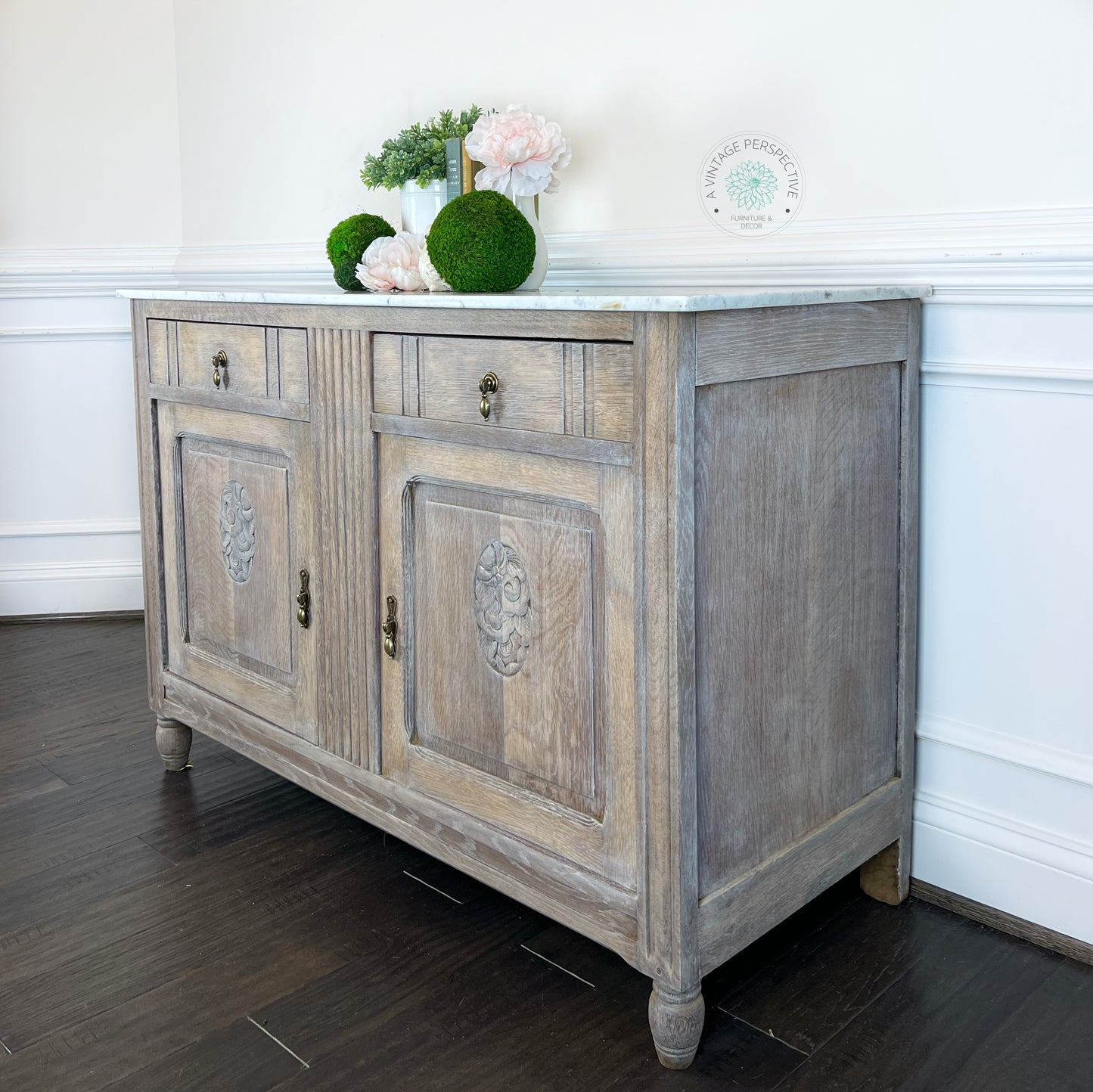 Antique English Quartersawn Oak Marble Top Buffet | Antique White Waxed Buffet | Antique Sideboard | Vintage Credenza | Dining Room Server
