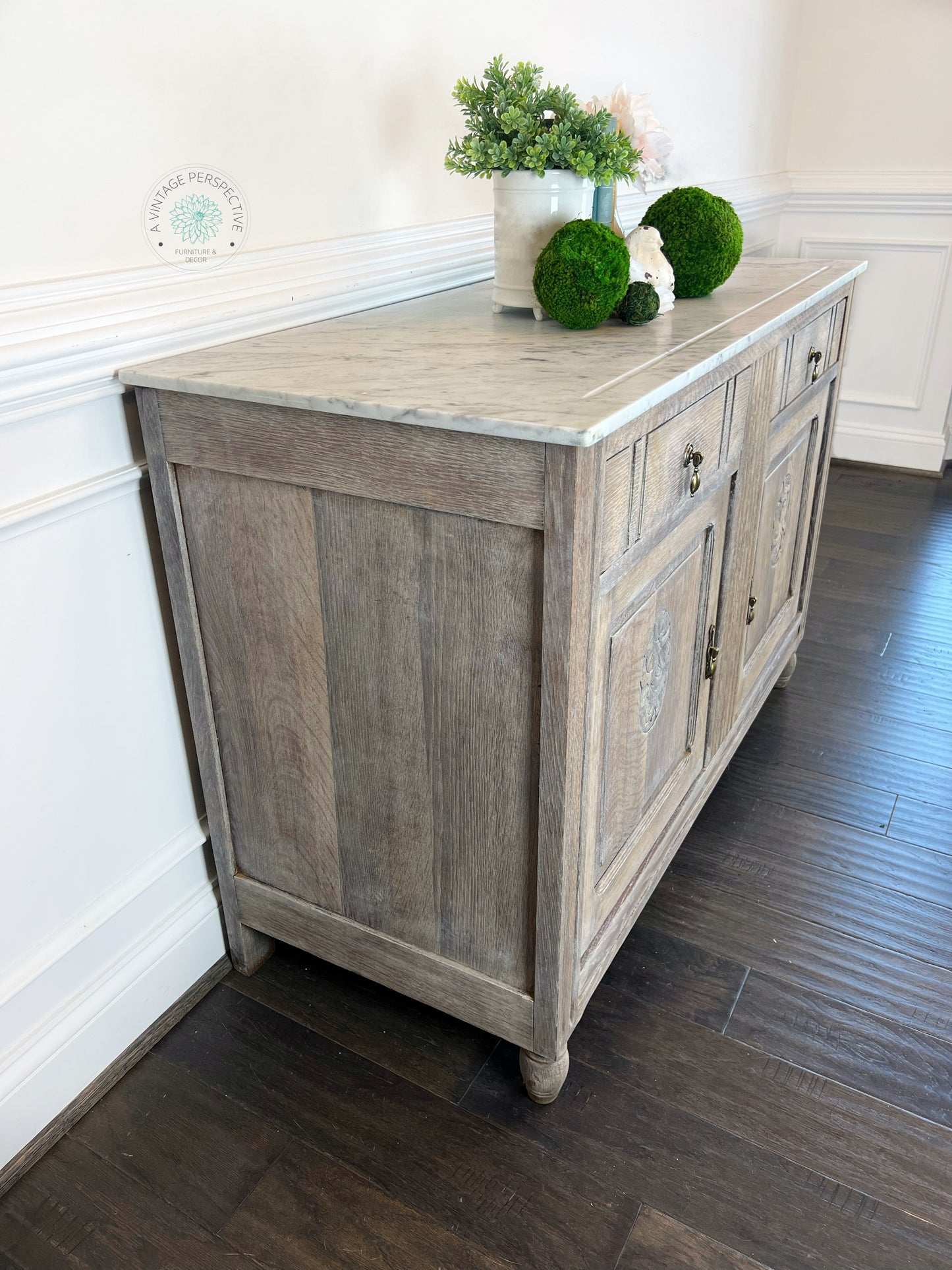 Antique English Quartersawn Oak Marble Top Buffet | Antique White Waxed Buffet | Antique Sideboard | Vintage Credenza | Dining Room Server
