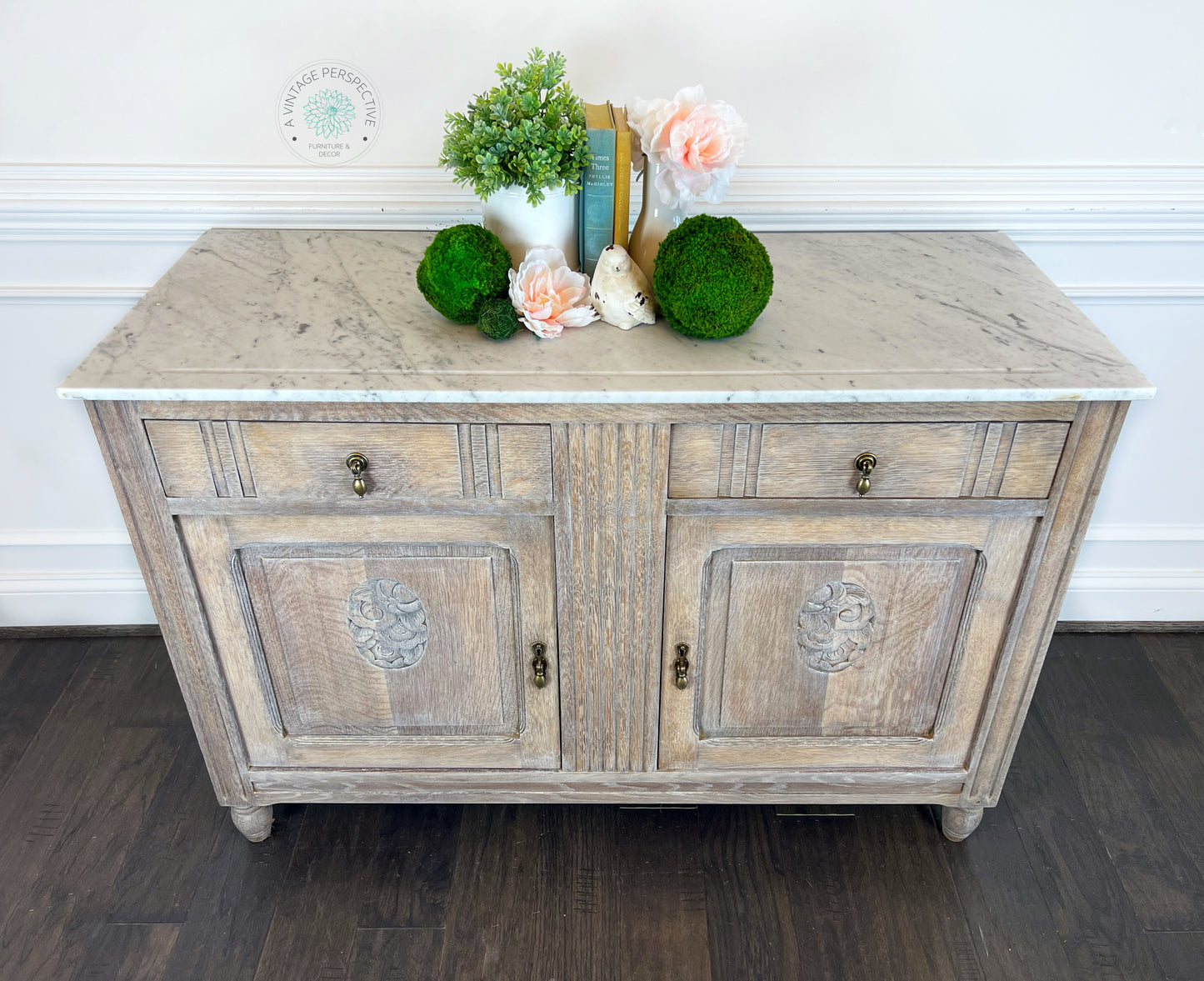 Antique English Quartersawn Oak Marble Top Buffet | Antique White Waxed Buffet | Antique Sideboard | Vintage Credenza | Dining Room Server