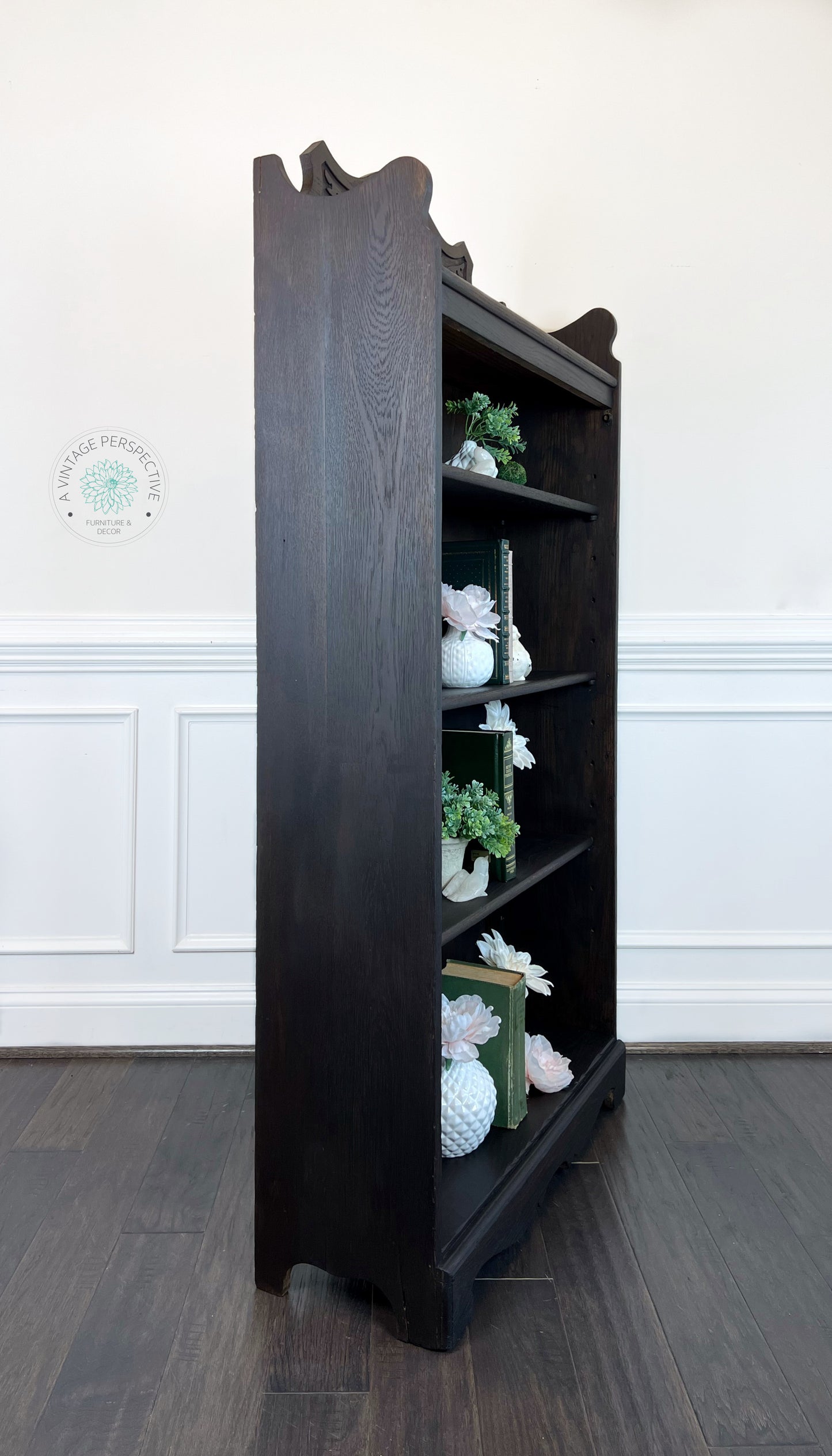 Petite Vintage Art Nouveau Bookcase | Black Washed Quartersawn Oak | Reproduction Art Nouveau | Refinished Antique-Inspired Bookcase