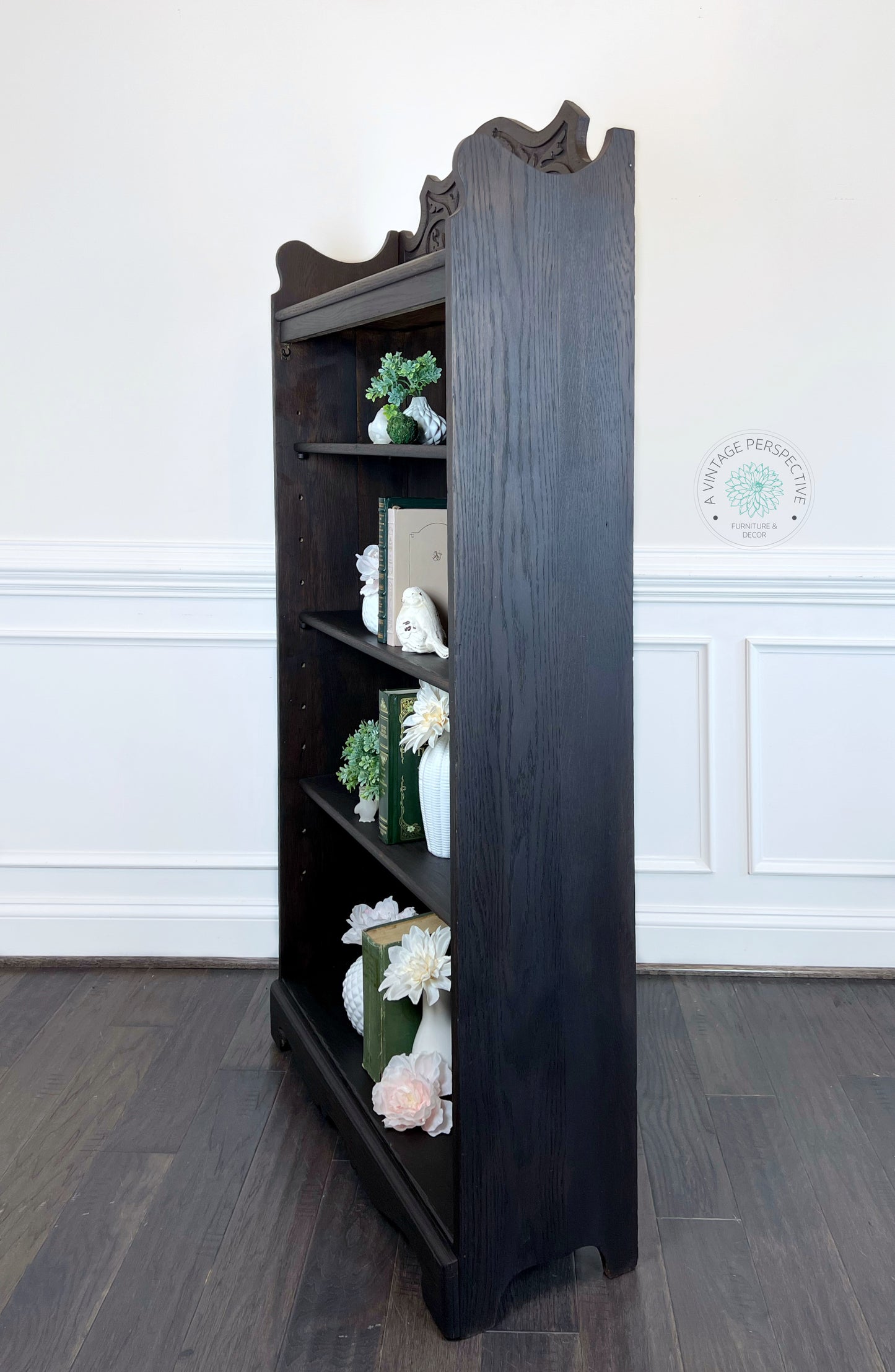 Petite Vintage Art Nouveau Bookcase | Black Washed Quartersawn Oak | Reproduction Art Nouveau | Refinished Antique-Inspired Bookcase