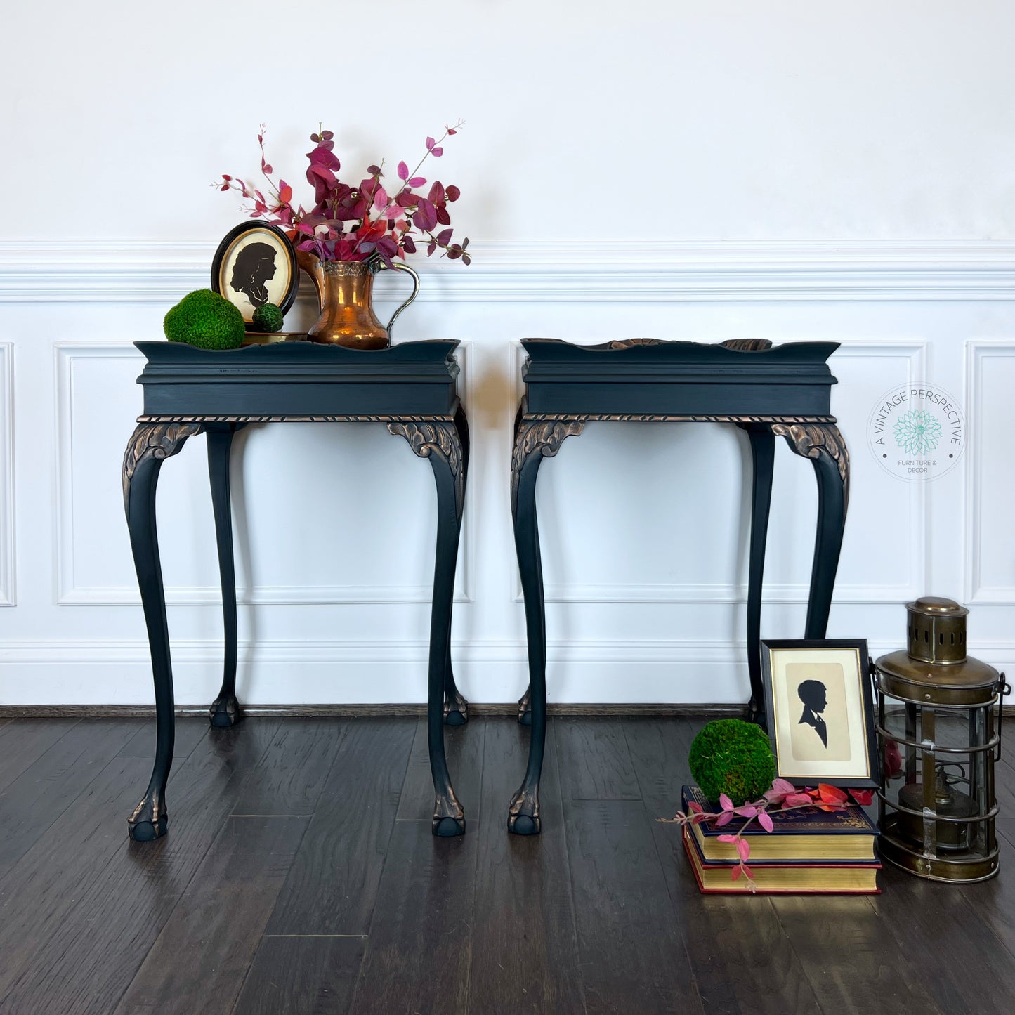 Vintage Chippendale Accent Tables | Gilded Dark Academia End Tables | Ball and Claw Feet Side Tables | Antique-Inspired Moody Accent Tables
