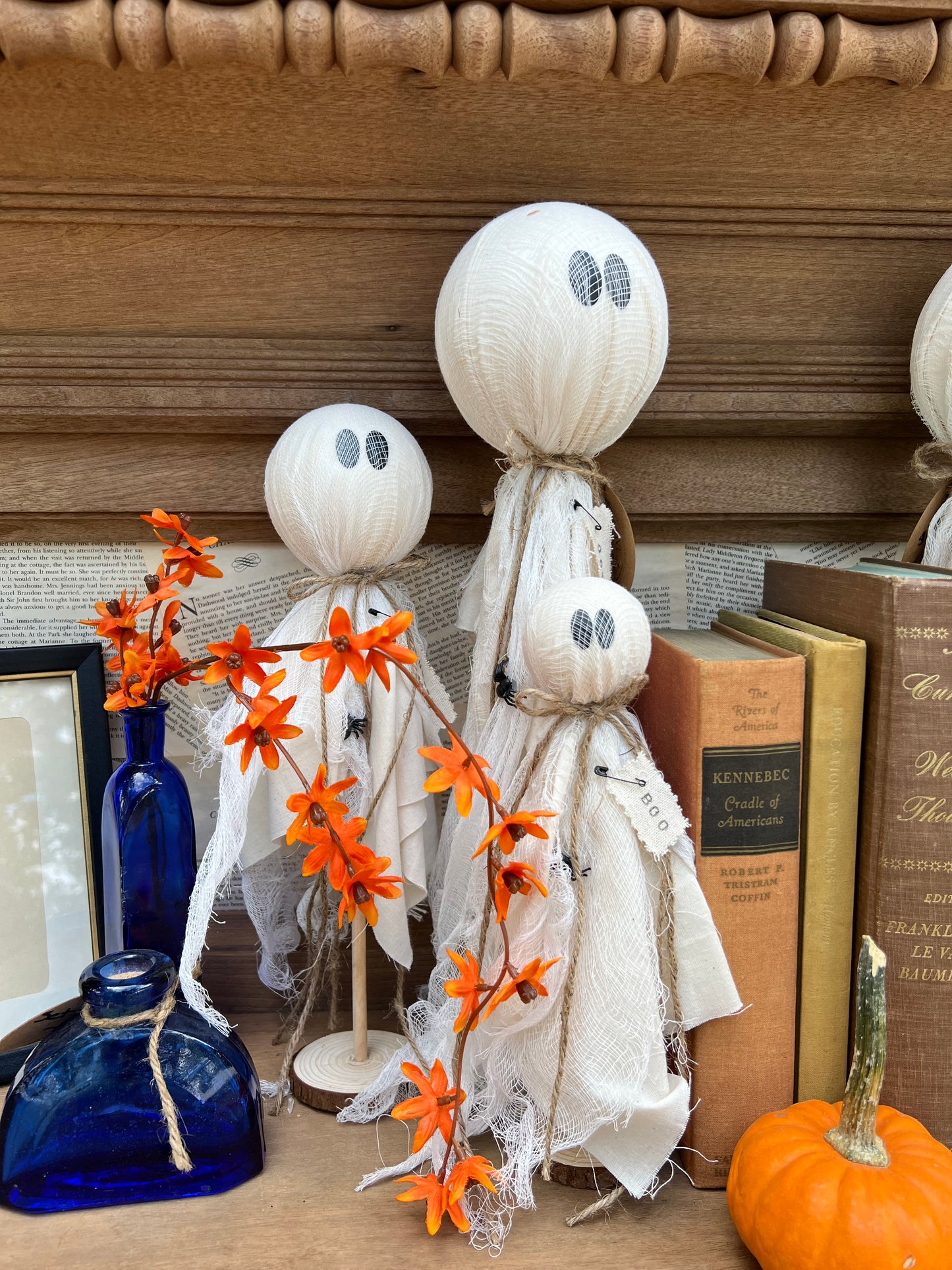 Handmade Rustic Halloween Ghosts Trio | Cheesecloth Primitive Ghosts | Halloween Mantel Decor | Set of Three Farmhouse Ghosts