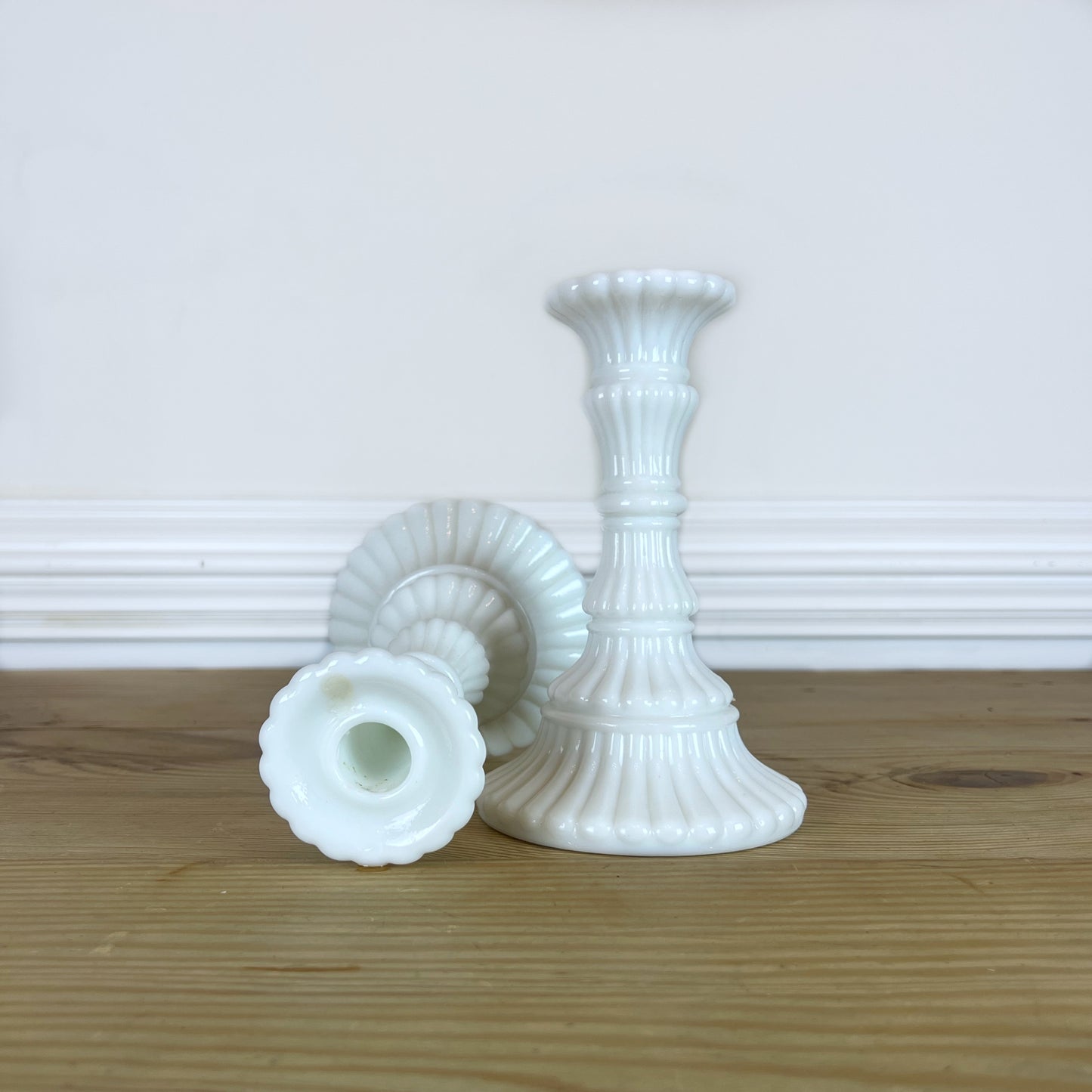 Vintage 1950s Milk Glass Candlestick Holders – Set of 2 | Mid-Century White Glass Candle Holders