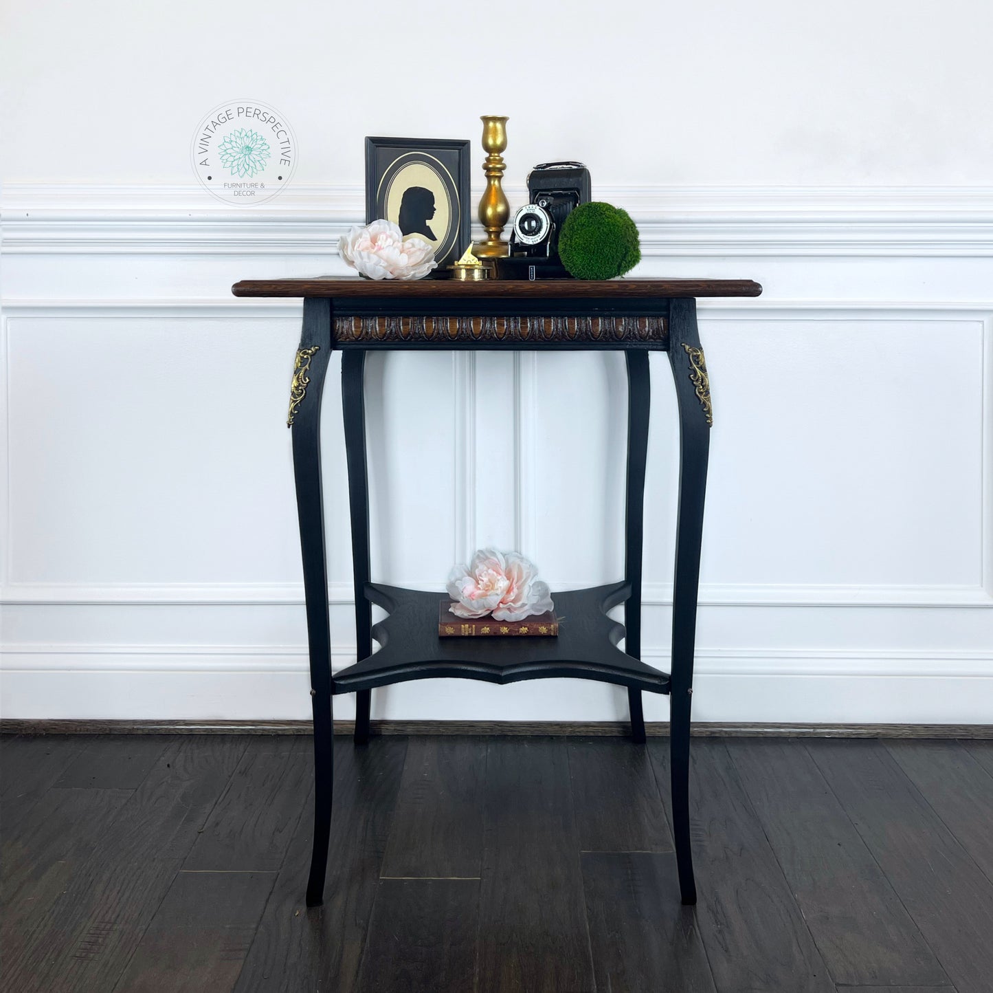 Elegant Antique-Style Black French Accent Table | Gilded Dark Academia End Table | French Ormolu Side Table | Antique-Inspired Moody Accent Table