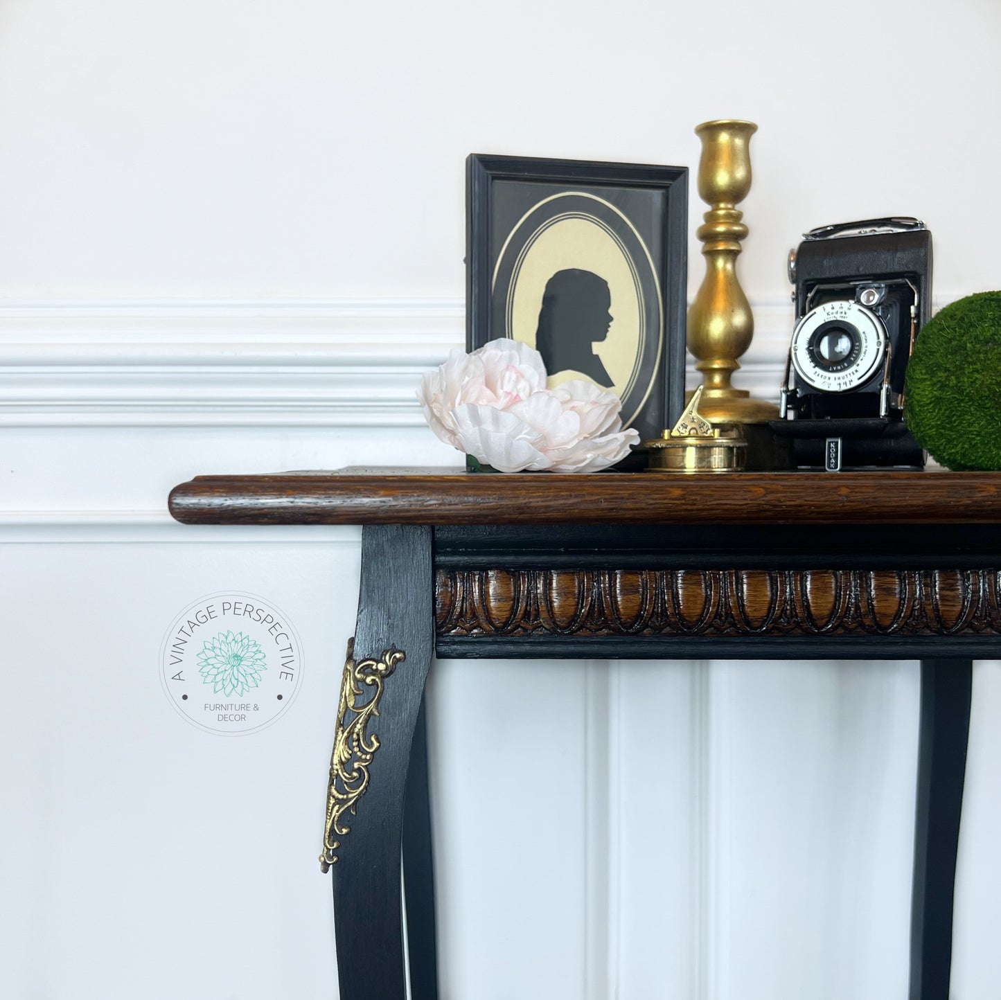 Elegant Antique-Style Black French Accent Table | Gilded Dark Academia End Table | French Ormolu Side Table | Antique-Inspired Moody Accent Table