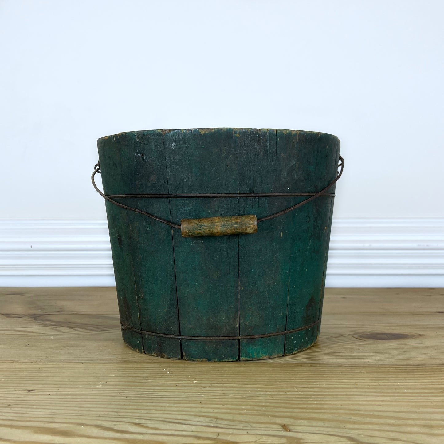 Antique Wire-Wrapped Wooden Bucket | Primitive Wooden Stave Bucket | Antique Dark Green Bucket with Swing Handle