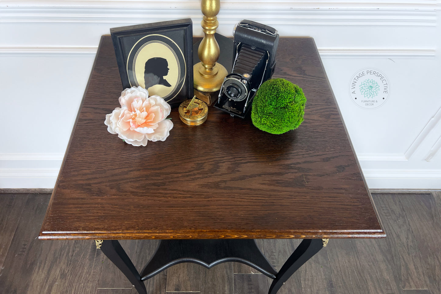 Elegant Antique-Style Black French Accent Table | Gilded Dark Academia End Table | French Ormolu Side Table | Antique-Inspired Moody Accent Table