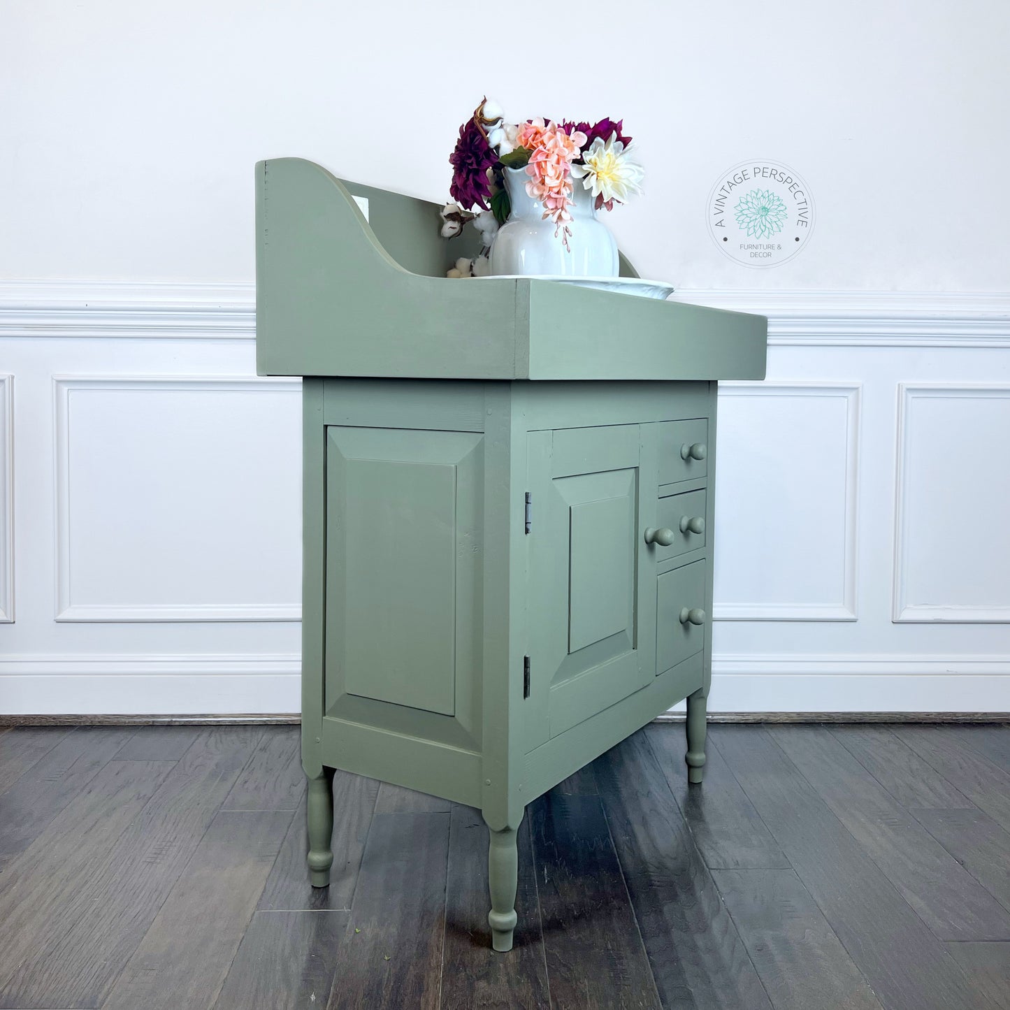 Sage Green Vintage Washstand | Green Painted Vintage Dry Sink | Farmhouse Cabinet with Storage | Antique Cabinet | Vintage Cabinet