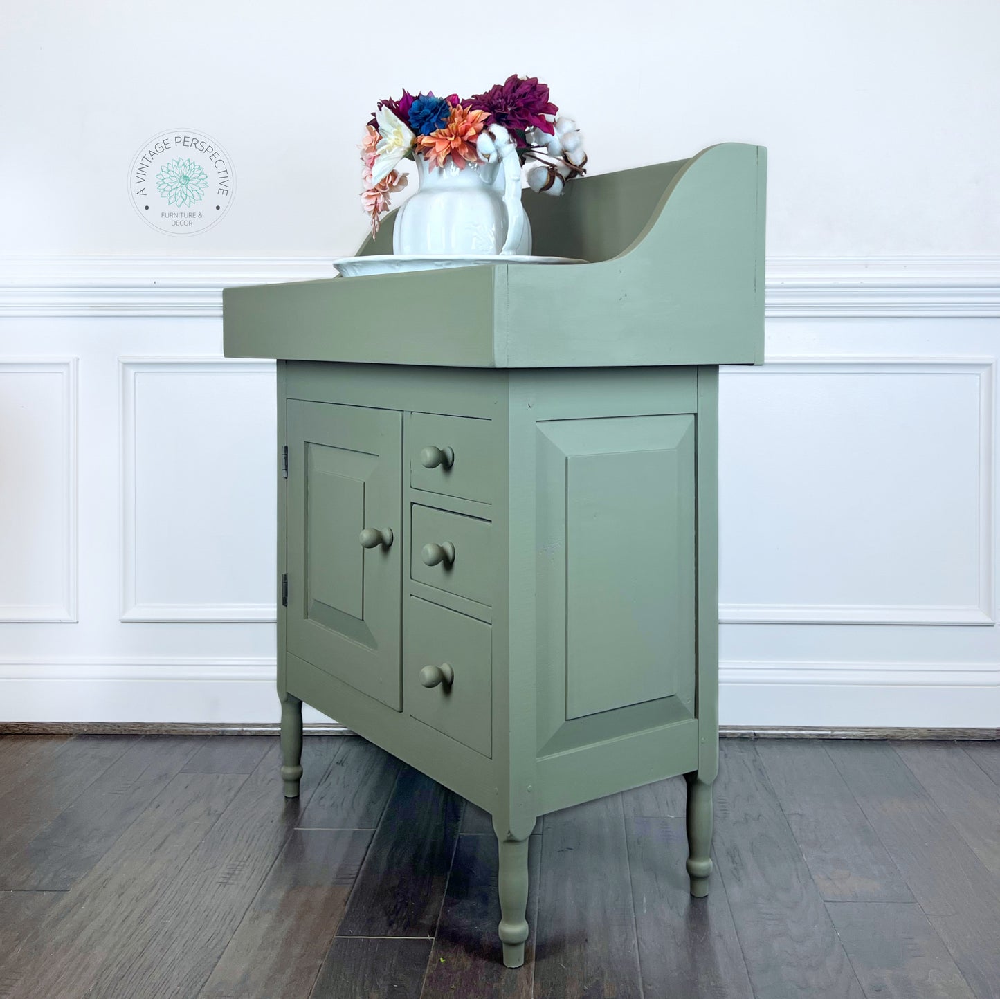 Sage Green Vintage Washstand | Green Painted Vintage Dry Sink | Farmhouse Cabinet with Storage | Antique Cabinet | Vintage Cabinet