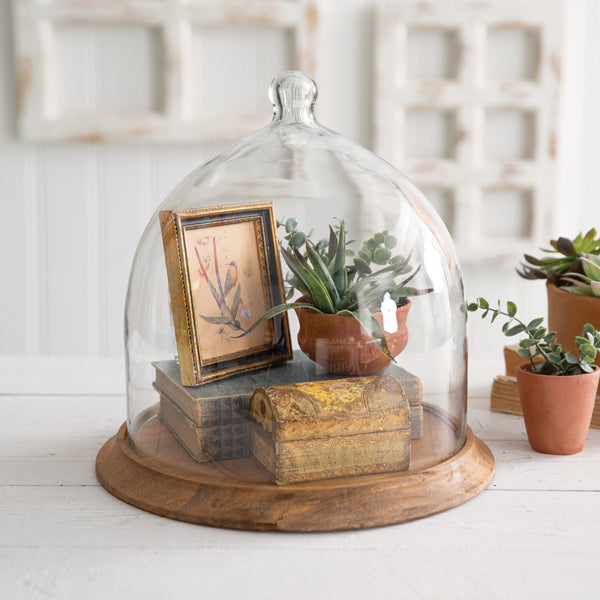 Glass and Wood Cloche | Farmhouse Table Decor | Rustic Tray | Rustic Round Tray | Wood and Glass Table Centerpiece | Vintage Tabletop Decor