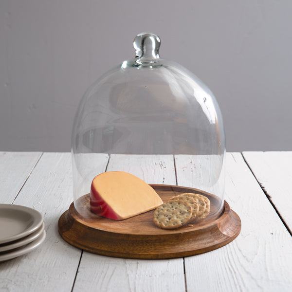 Glass and Wood Cloche | Farmhouse Table Decor | Rustic Tray | Rustic Round Tray | Wood and Glass Table Centerpiece | Vintage Tabletop Decor