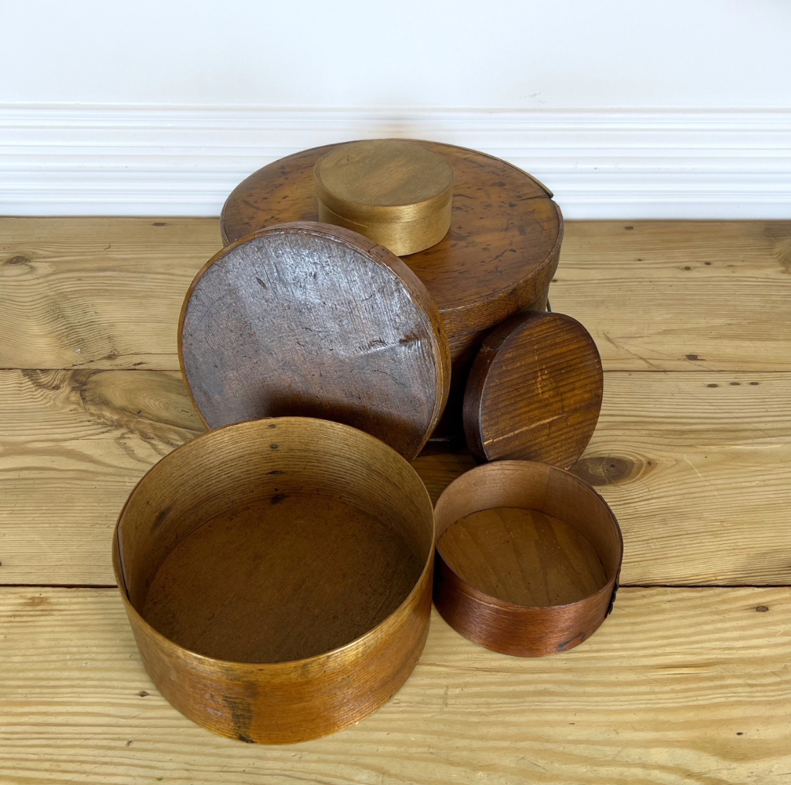 Set of Primitive Bentwood Pantry Boxes | Pantry Dry Goods Bin | Bentwood Pantry Box With Wooden Bail Handle | Antique Americana Pantry Boxes