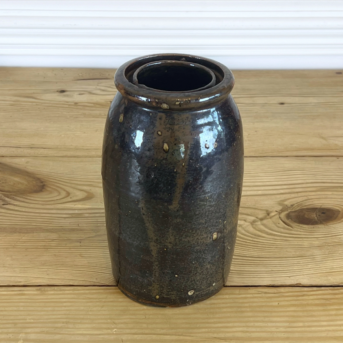 Dark Brown Antique Handmade Double Lip Canning Crock | Farmhouse Stoneware Vase l Primitive Pickling Crock | Primitive Farmhouse Antiques