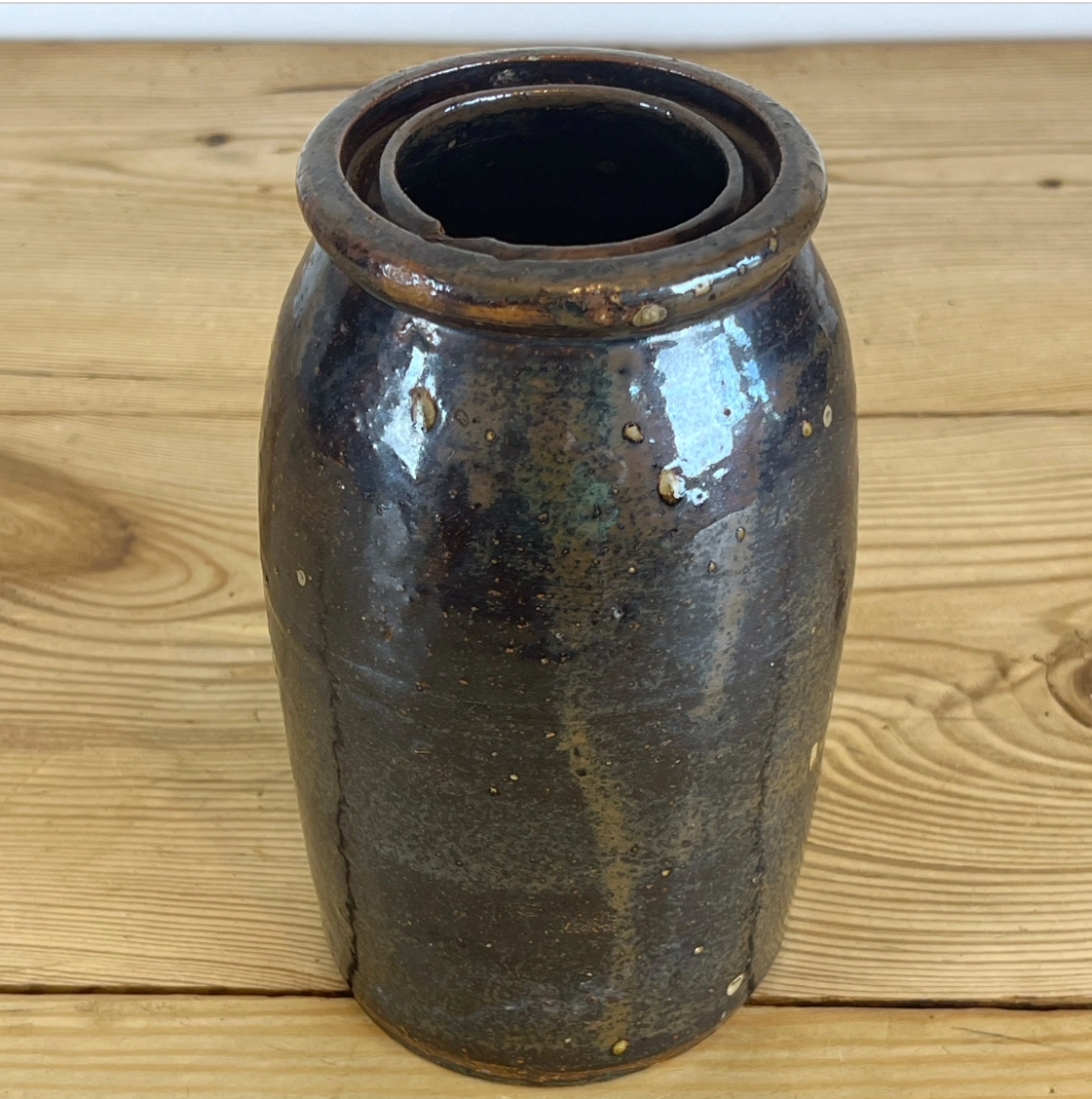 Dark Brown Antique Handmade Double Lip Canning Crock | Farmhouse Stoneware Vase l Primitive Pickling Crock | Primitive Farmhouse Antiques