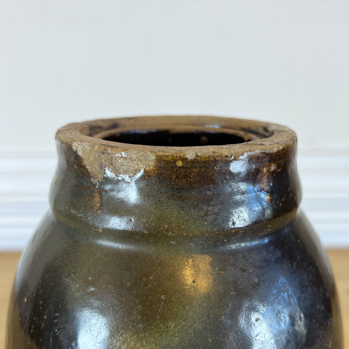 Dark Brown Antique Handmade Double Lip Canning Crock | Farmhouse Stoneware Vase l Primitive Pickling Crock | Primitive Farmhouse Antiques