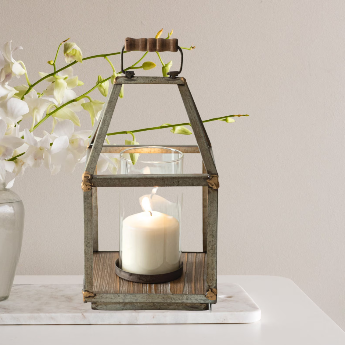 Small Mixed Metal Lantern | Industrial Lantern | Rustic Lantern | Centerpiece Lanterns | Wood and Metal Lantern | Pillar Candle Lantern