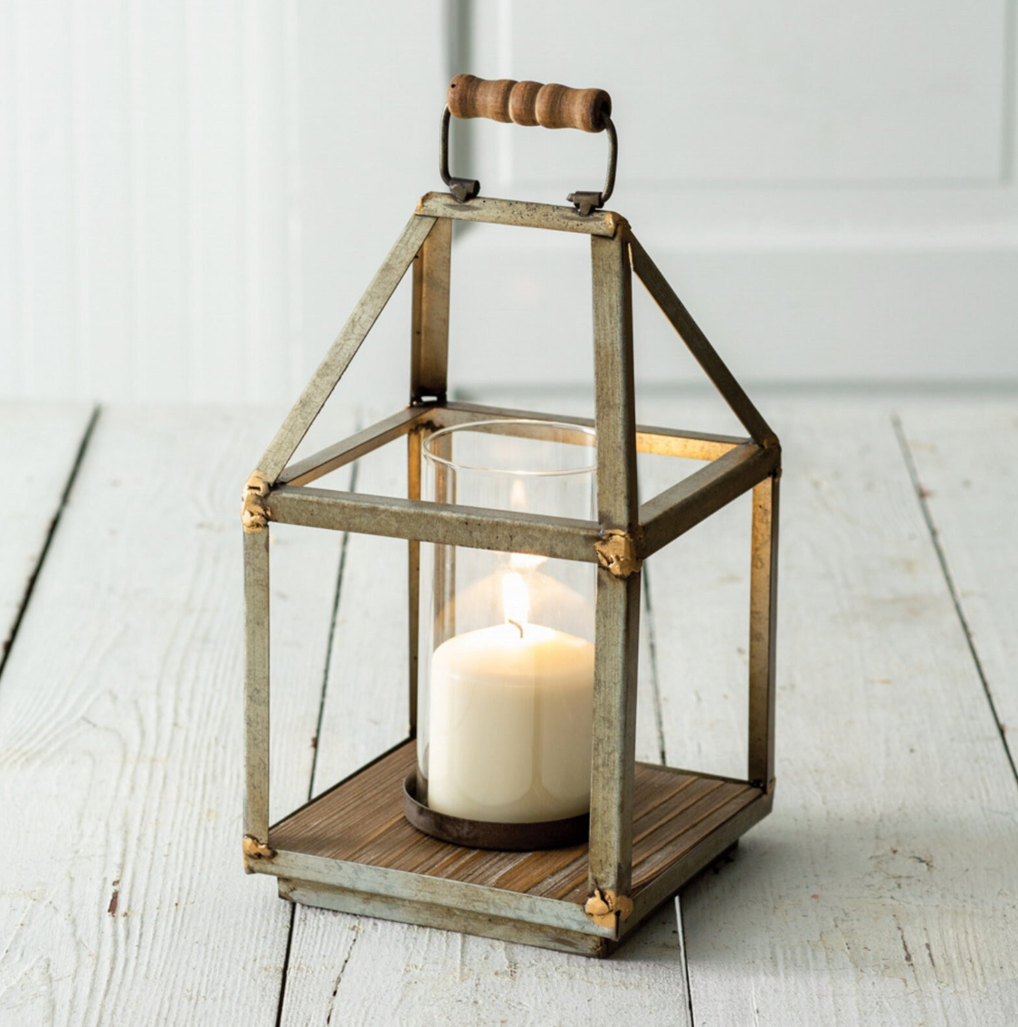 Small Mixed Metal Lantern | Industrial Lantern | Rustic Lantern | Centerpiece Lanterns | Wood and Metal Lantern | Pillar Candle Lantern