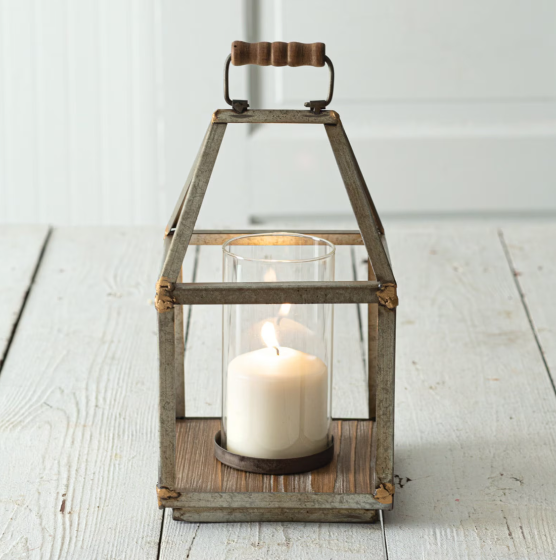 Small Mixed Metal Lantern | Industrial Lantern | Rustic Lantern | Centerpiece Lanterns | Wood and Metal Lantern | Pillar Candle Lantern