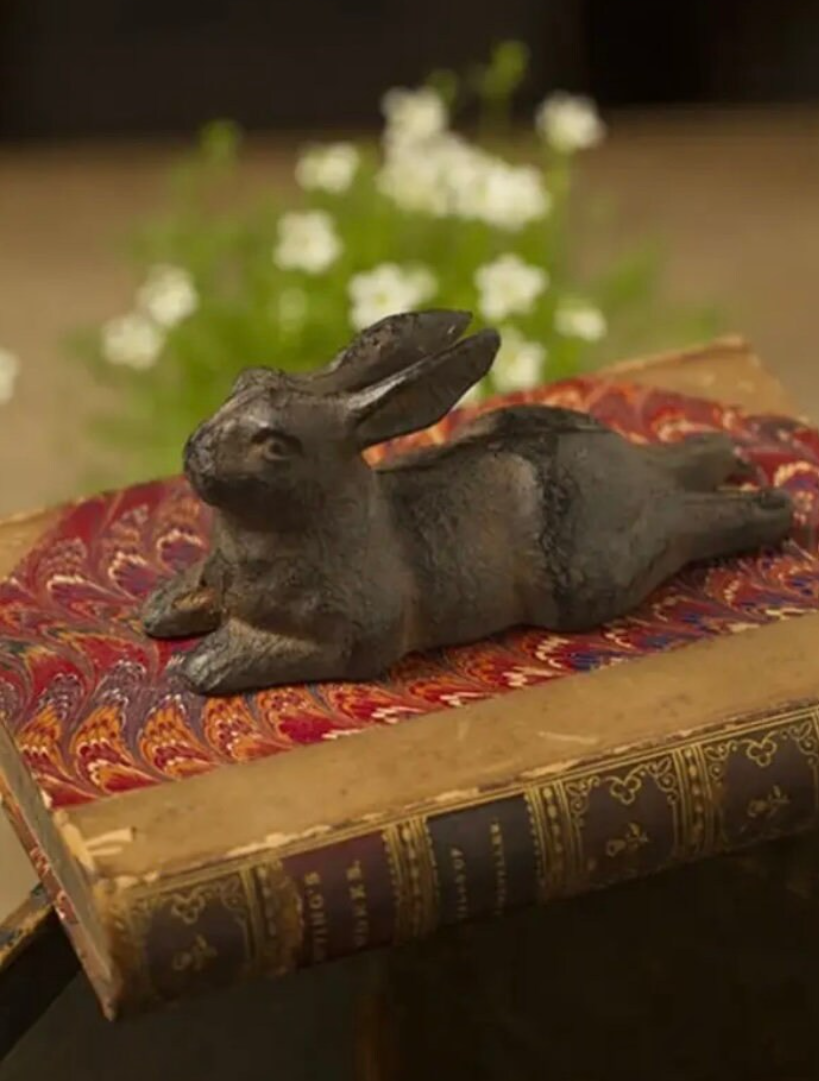 Long Cast Iron Rabbit | Baby Cast Iron Bunny | Dark Cast Iron Rabbit Statue | Bunny Sculpture | Rabbit Figurines | Cast Iron Figurines