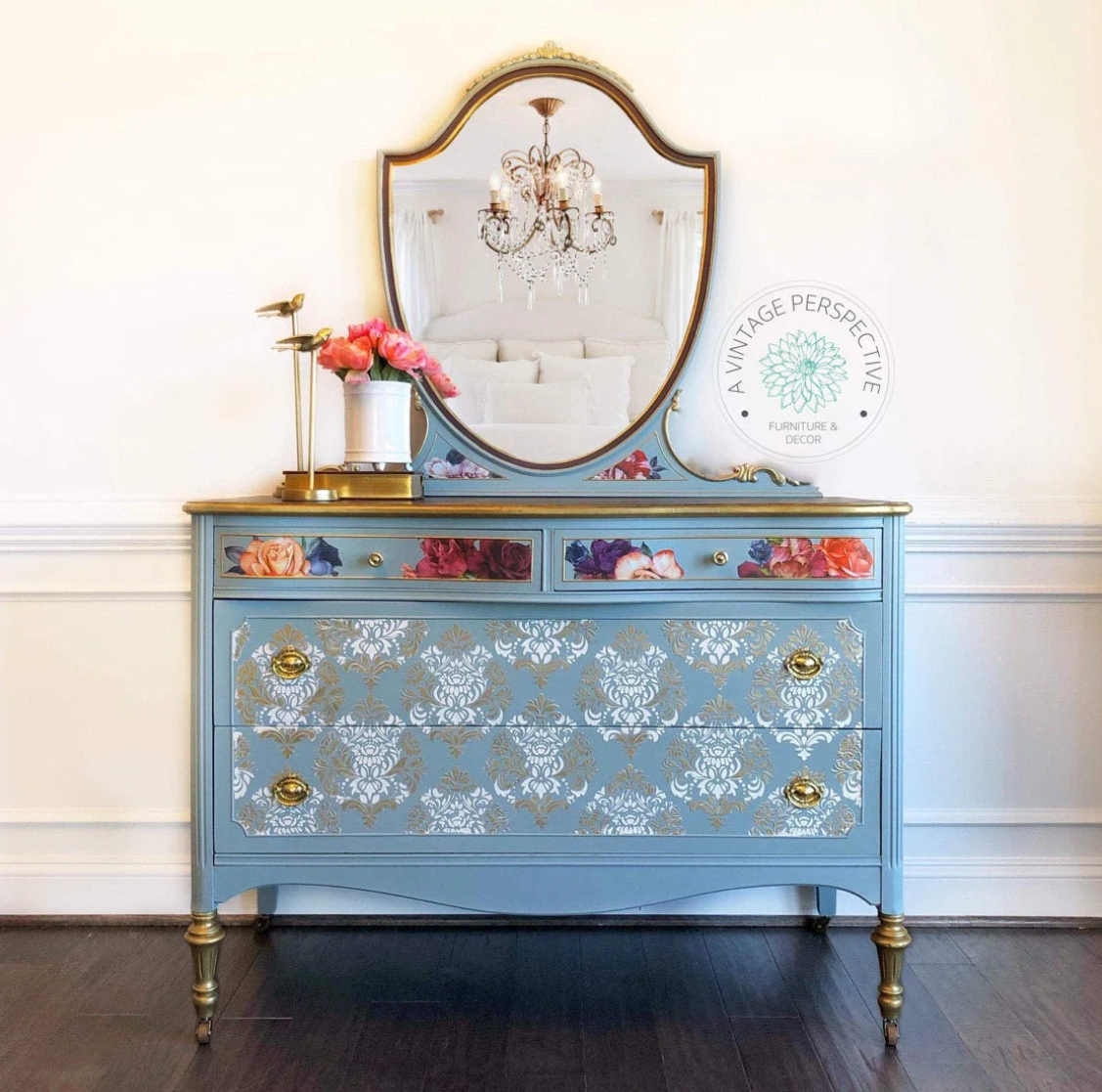 Modern Victorian/ Damask/ Antique Dresser with Mirror / Chest of Drawers / Bureau / Blue and Gold/ French Country