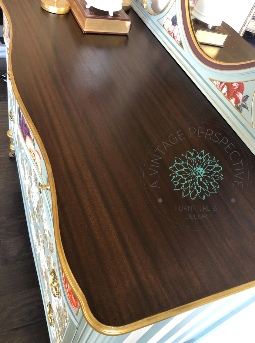 Modern Victorian/ Damask/ Antique Dresser with Mirror / Chest of Drawers / Bureau / Blue and Gold/ French Country