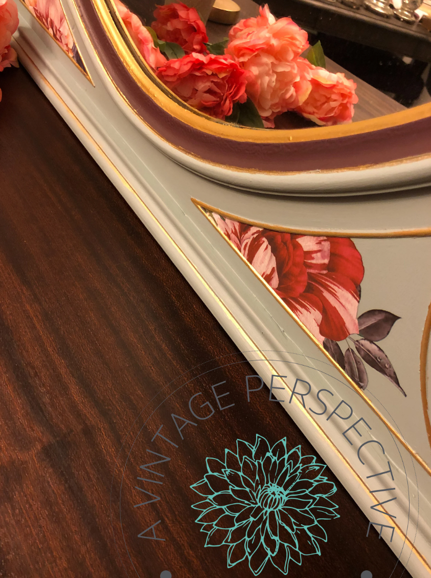 Modern Victorian/ Damask/ Antique Dresser with Mirror / Chest of Drawers / Bureau / Blue and Gold/ French Country