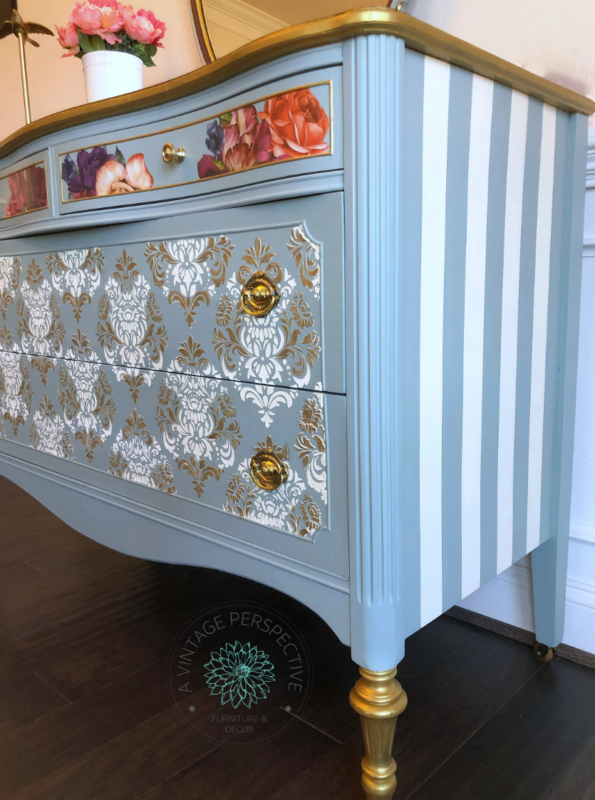 Modern Victorian/ Damask/ Antique Dresser with Mirror / Chest of Drawers / Bureau / Blue and Gold/ French Country
