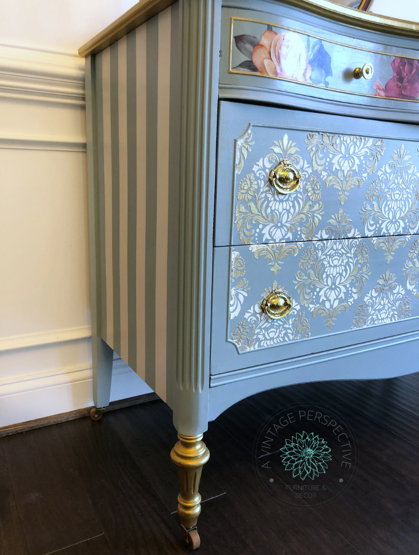 Modern Victorian/ Damask/ Antique Dresser with Mirror / Chest of Drawers / Bureau / Blue and Gold/ French Country