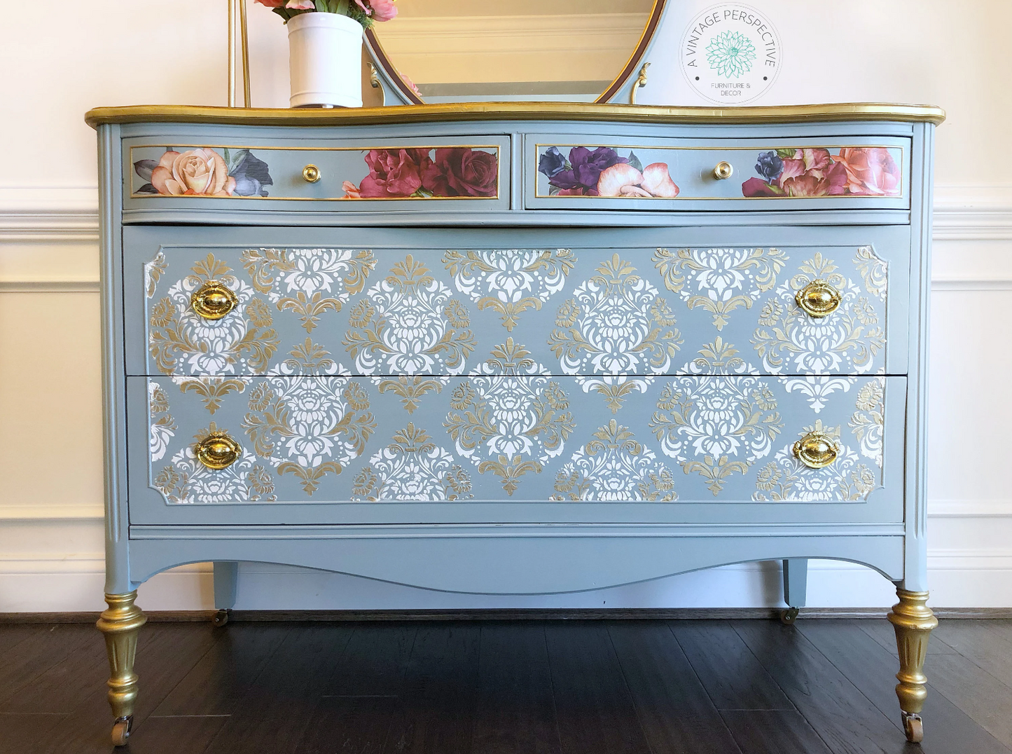 Modern Victorian/ Damask/ Antique Dresser with Mirror / Chest of Drawers / Bureau / Blue and Gold/ French Country